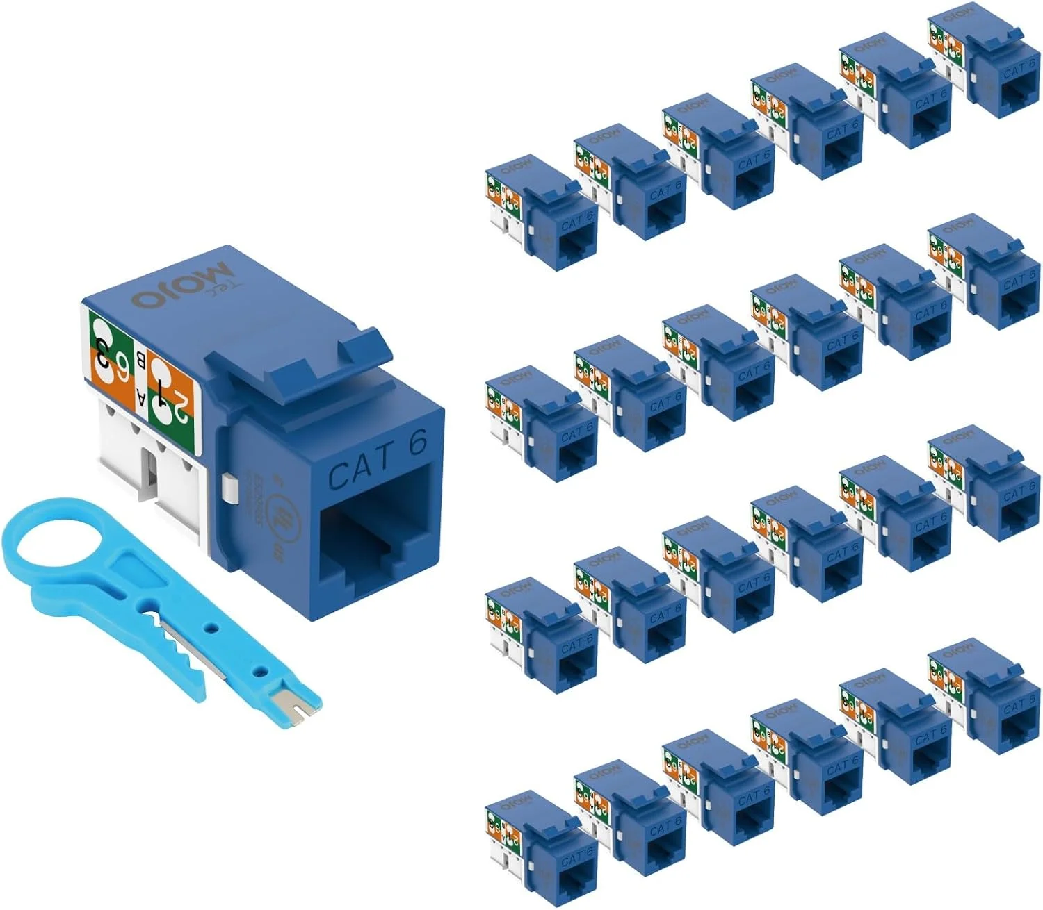 بسته 25 عددی اتصال دهنده مادگی Cat6 Tecmojo با سرعت 10 گیگابیت بر ثانیه، زاویه 90 درجه، آداپتور RJ45 با طراحی باریک برای پچ پنل و صفحه دیواری، آبی