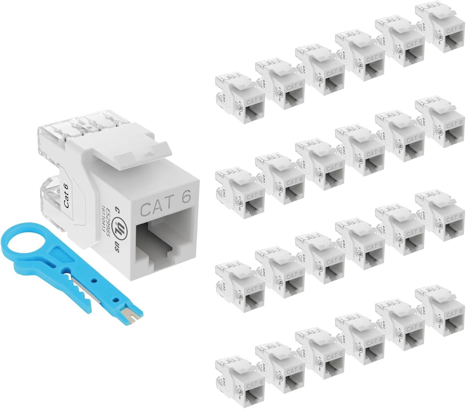 مجموعه ۲۵ عددی اتصال دهنده کیستون Cat6 با سرعت ۱۰ گیگابیت بر ثانیه Tecmojo، آداپتور کیستون RJ45 با قابلیت پانچ کردن ۱۸۰ درجه، طراحی باریک برای پچ پنل و صفحه دیواری، سفید