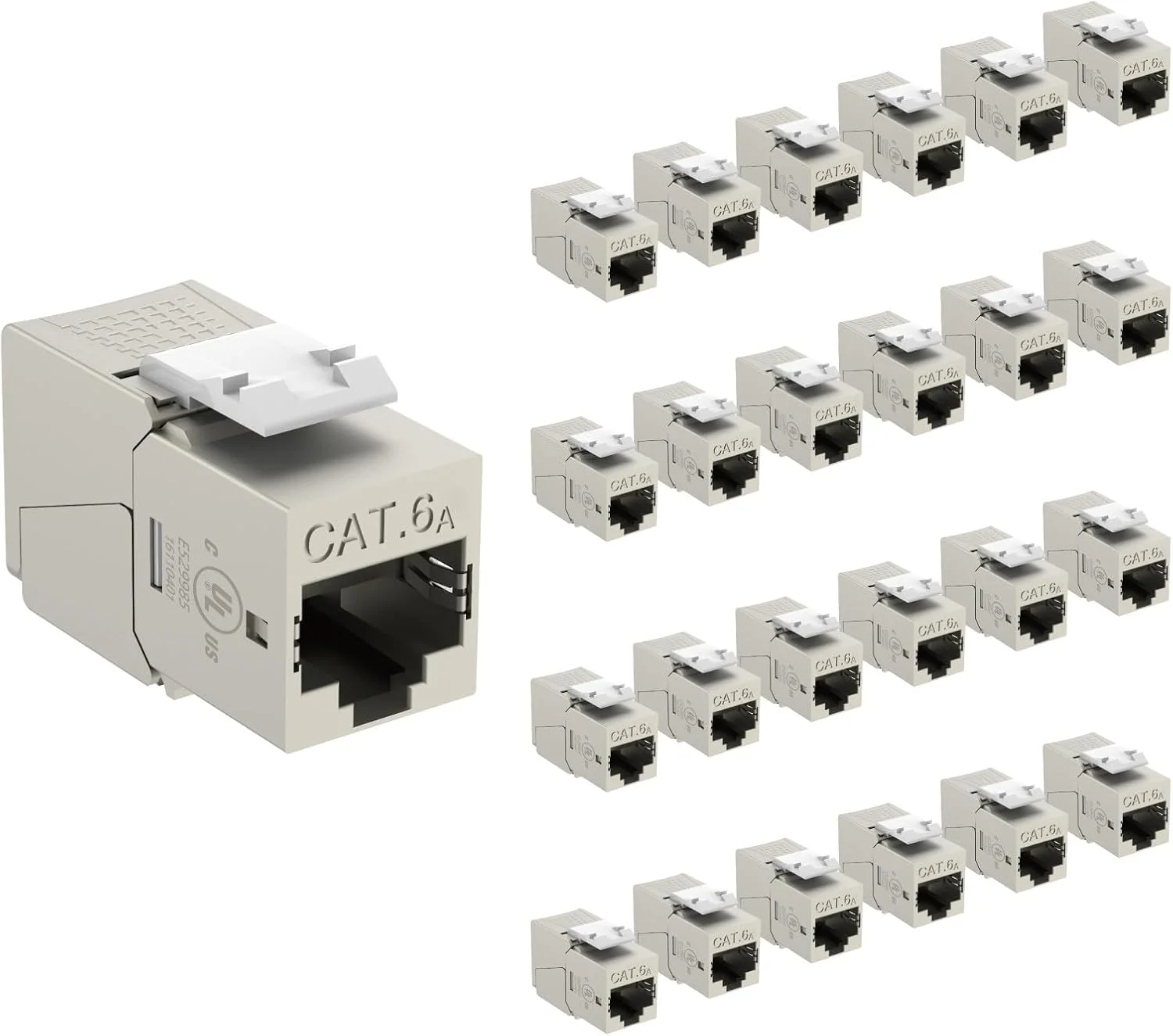 اتصال دهنده کیستون شیلد دار Tecmojo RJ45 Cat6A، اتصال دهنده ماژولار بدون ابزار 180 درجه، 10 گیگابیت بر ثانیه / 500 مگاهرتز، بسته 25 عددی