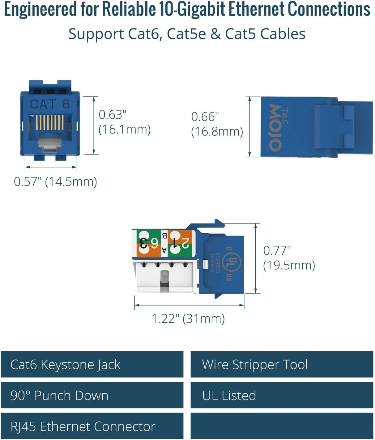 بسته 25 عددی اتصال دهنده مادگی Cat6 Tecmojo با سرعت 10 گیگابیت بر ثانیه، زاویه 90 درجه، آداپتور RJ45 با طراحی باریک برای پچ پنل و صفحه دیواری، آبی