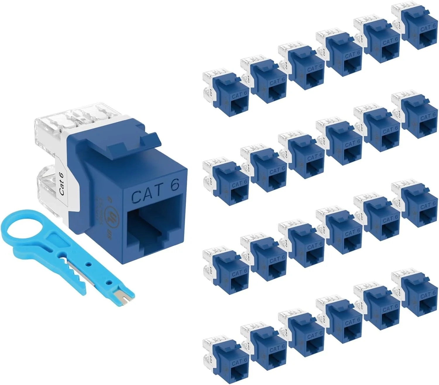 بسته 25 عددی اتصال دهنده کیستون Cat6 10Gbps Tecmojo با گواهینامه UL، آداپتور کیستون RJ45 پانچ پایین 180 درجه با طراحی باریک برای پچ پنل و صفحه دیواری، آبی