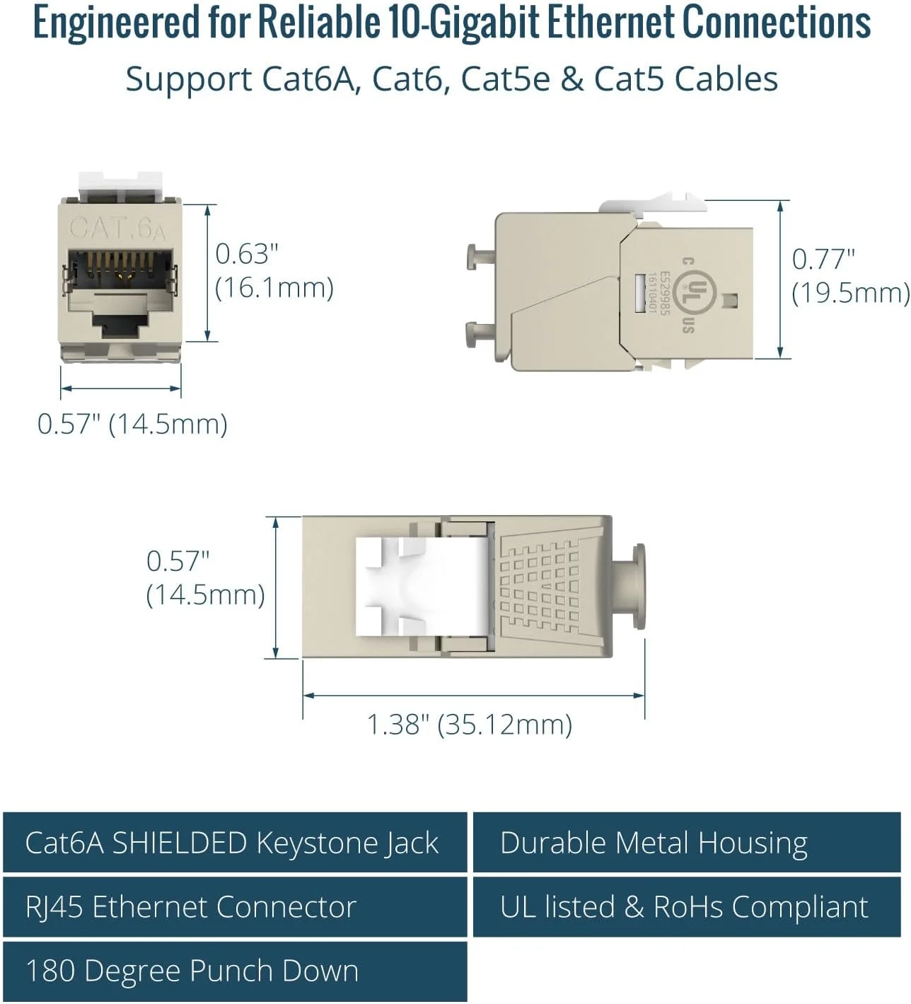 اتصال دهنده کیستون شیلد دار Tecmojo RJ45 Cat6A، اتصال دهنده ماژولار بدون ابزار 180 درجه، 10 گیگابیت بر ثانیه / 500 مگاهرتز، بسته 25 عددی