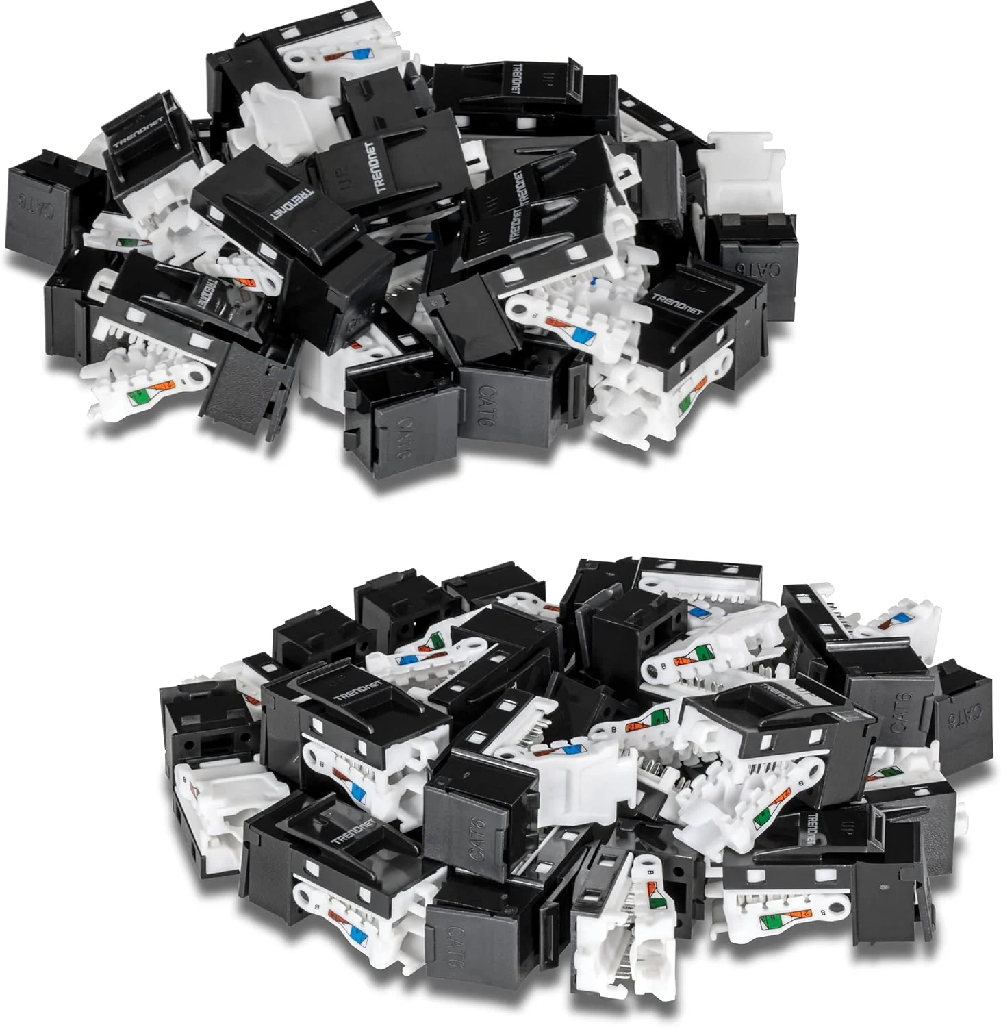 بسته 50 عددی جک کیستون Cat6 RJ45 مدل TC-K50C6BK ترندنت، سازگار با کابل کشی Cat5، Cat5e، Cat6، قابل استفاده با پچ پنل های کیستون خالی TC-KP24 یا TC-KP48 (جداگانه به فروش می رسد)
