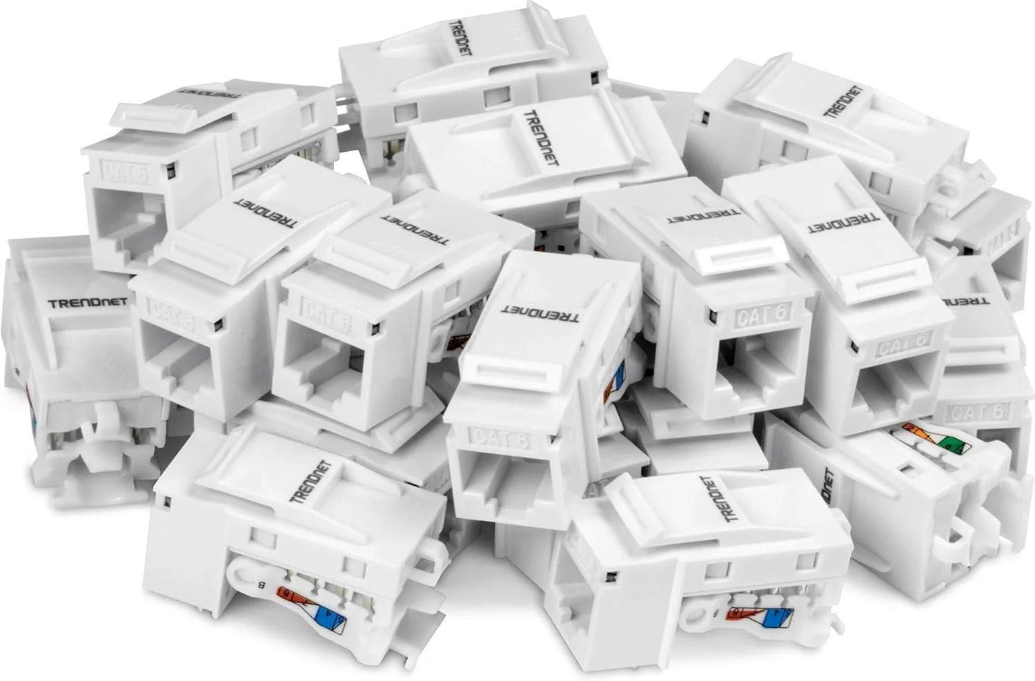 اتصال دهنده مادگی Cat6 ترندنت – بسته 25 عددی، زاویه خاتمه 90 درجه، برچسب رنگی برای سیم کشی T568B، مدل TC-K25C6