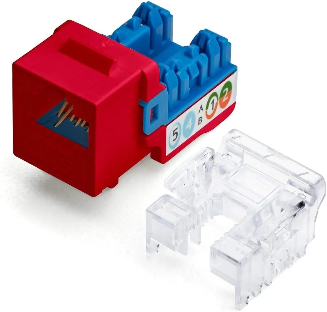 اتصال مادگی کیستون Cat6، بدون شیلد (UTP)، پانچ پایین 90 درجه، PoE++ (4PPoE) 100W، دارای گواهی UL، تایید شده توسط ETL، دارای گواهی ANSI/TIA، RJ45 ماژولار، قرمز، بسته 12 عددی