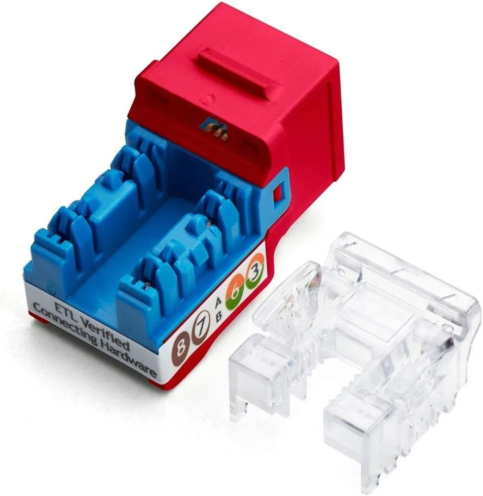 اتصال مادگی کیستون Cat6، بدون شیلد (UTP)، پانچ پایین 90 درجه، PoE++ (4PPoE) 100W، دارای گواهی UL، تایید شده توسط ETL، دارای گواهی ANSI/TIA، RJ45 ماژولار، قرمز، بسته 12 عددی