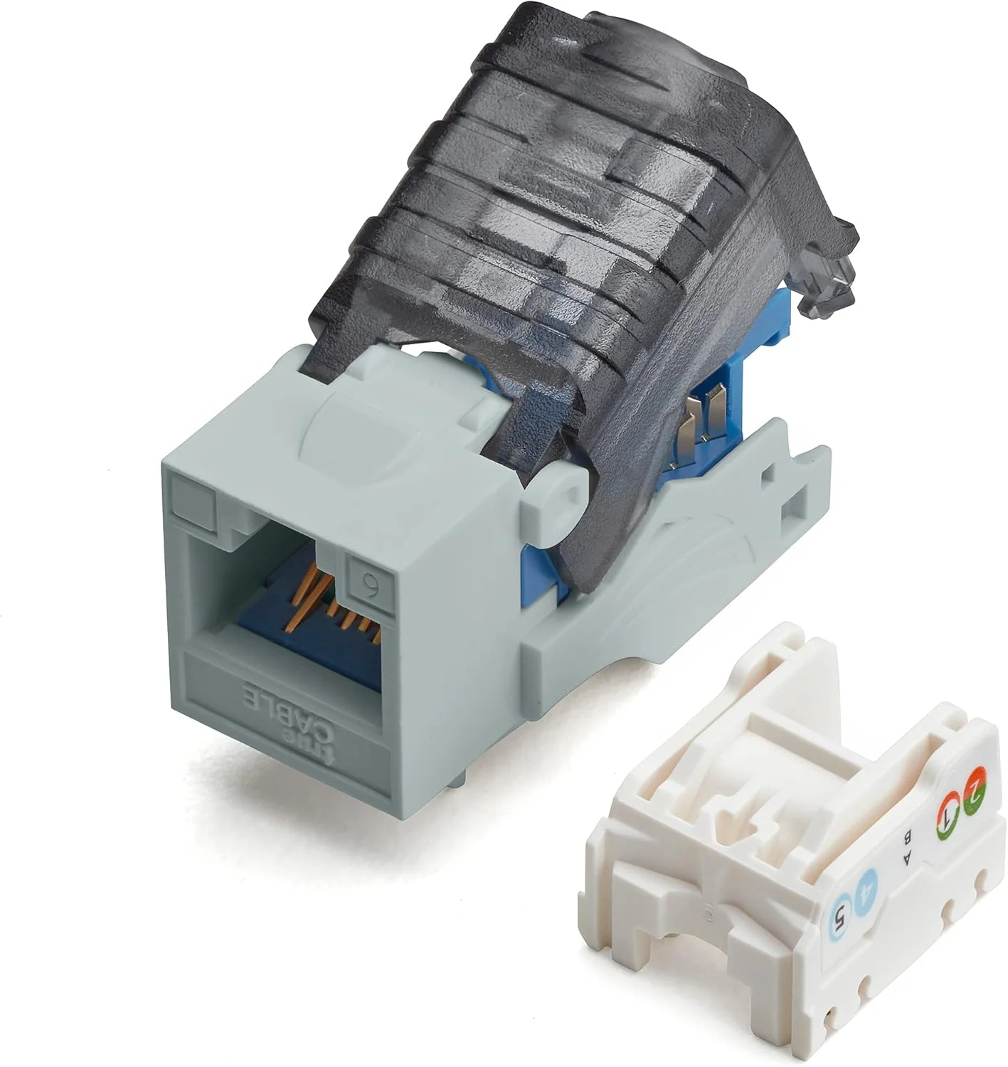 جک کیستون Cat6 بدون نیاز به ابزار TRUE CABLE، بدون شیلد (UTP)، PoE++ (4PPoE) 100W، دارای گواهی UL، تایید شده توسط ETL، دارای گواهی ANSI/TIA، مادگی RJ45 ماژولار، خاکستری، بسته 2 عددی