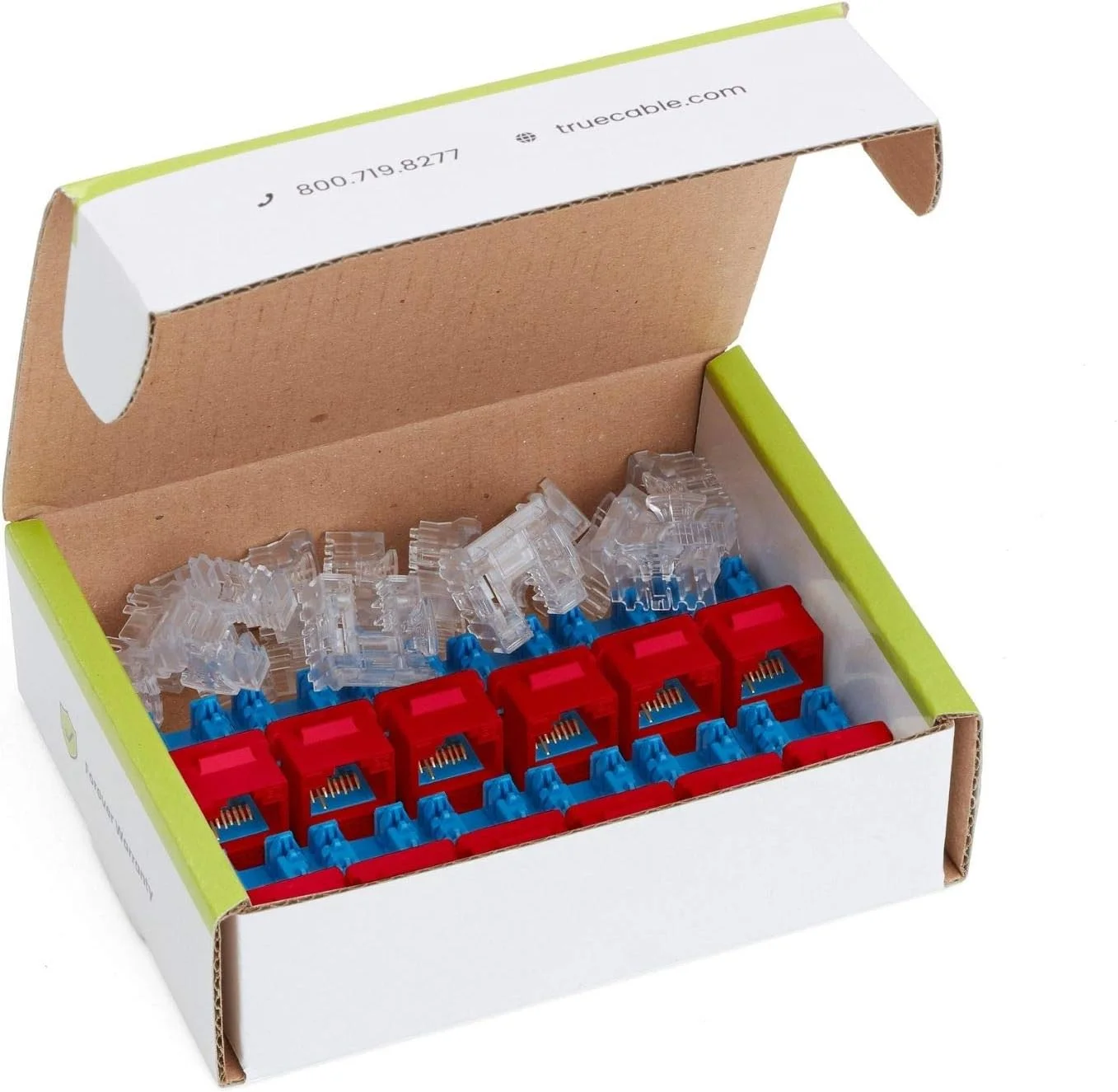 اتصال مادگی کیستون Cat6، بدون شیلد (UTP)، پانچ پایین 90 درجه، PoE++ (4PPoE) 100W، دارای گواهی UL، تایید شده توسط ETL، دارای گواهی ANSI/TIA، RJ45 ماژولار، قرمز، بسته 12 عددی