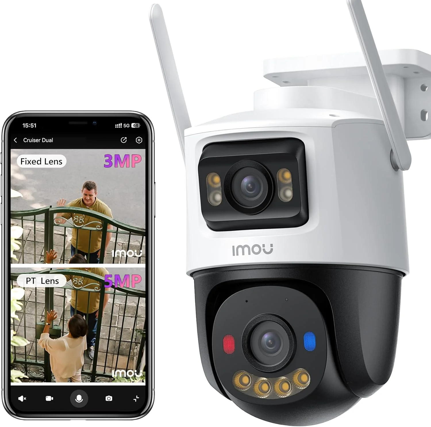 دوربین فضای باز بی سیم Imou 5K، دوربین دو لنز برای نظارت در فضای باز، دوربین برای خانه، دوربین های امنیتی فضای باز، دوربین بی سیم، لنز ثابت 3 مگاپیکسلی و PT 5 مگاپیکسلی، Cruiser Dual 8MP، سازگار با Alexa