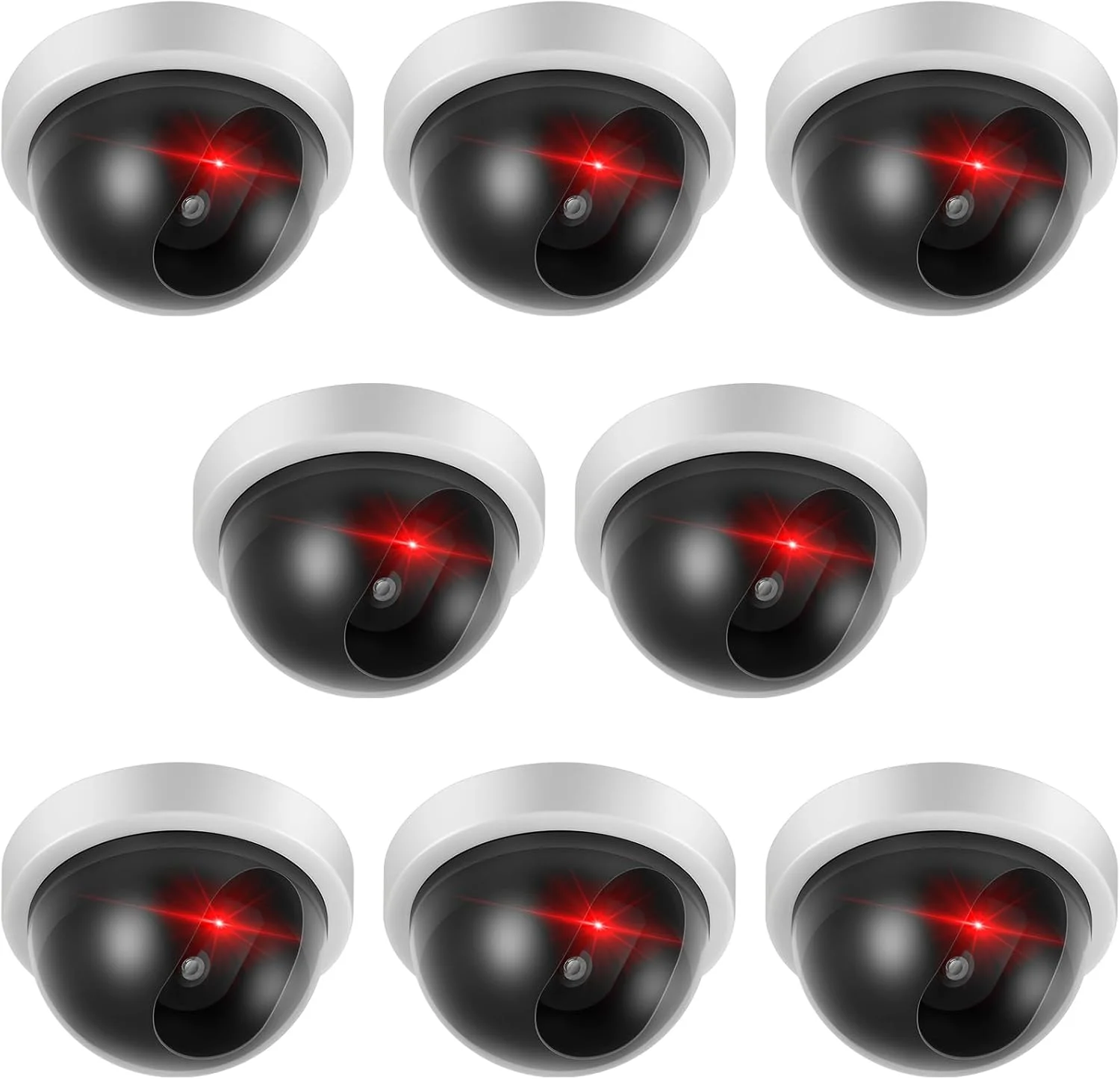 مجموعه 8 عددی دوربین مداربسته تقلبی Kanayu، دوربین امنیتی گنبدی شکل با چراغ LED قرمز چشمک زن، دوربین های نظارتی بی سیم برای فضای باز، دوربین فریبنده با پیچ و نوار برای داخل و خارج از منزل (سفید)
