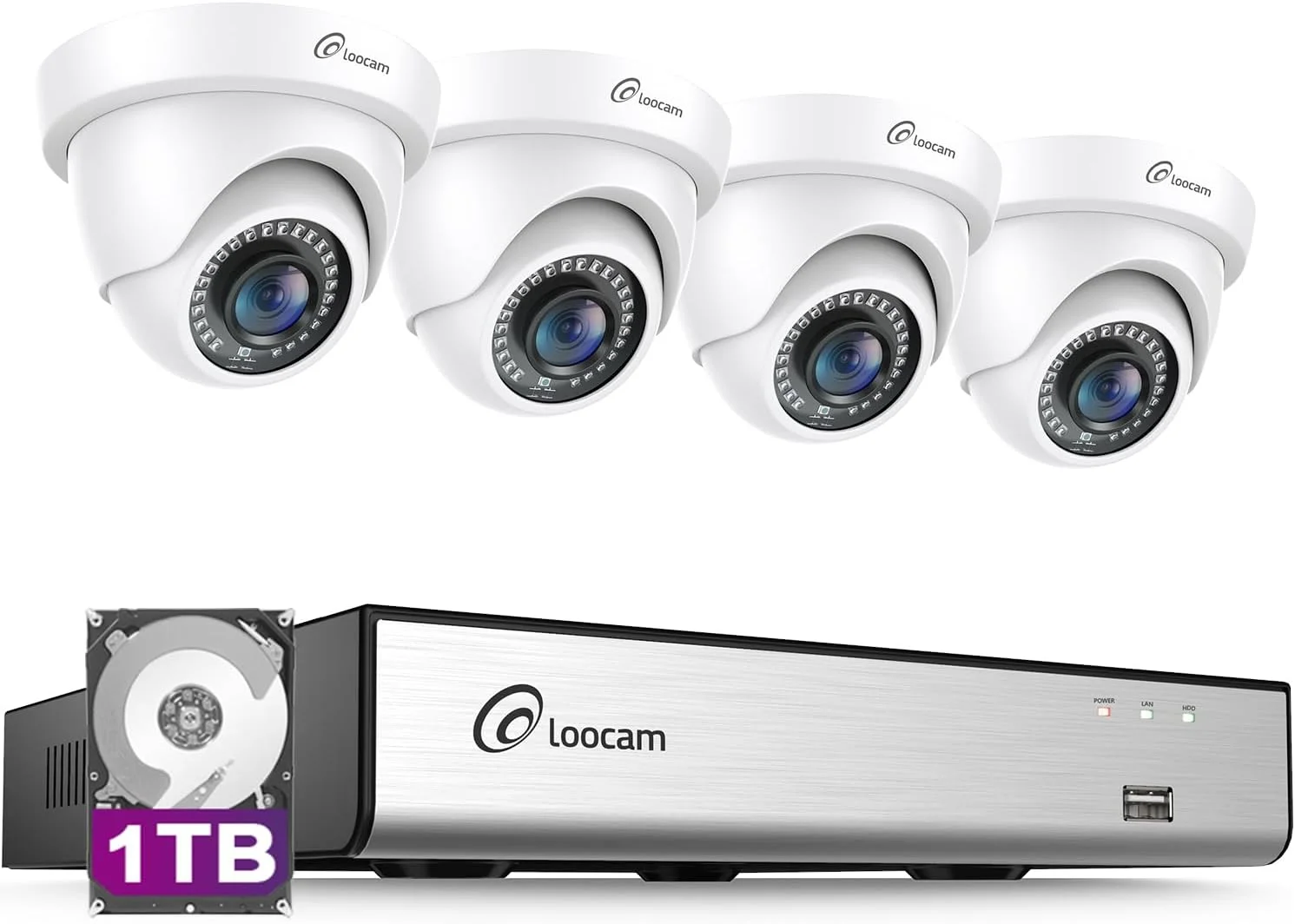 سیستم دوربین مداربسته Loocam، هارد دیسک 1 ترابایتی، تشخیص انسان/خودرو با هوش مصنوعی، دید در شب، ضبط کننده DVR هشت کاناله HD TVI با H.265+، 4 عدد دوربین مداربسته دام 1080P HD 1920TVL برای نظارت داخلی و خارجی