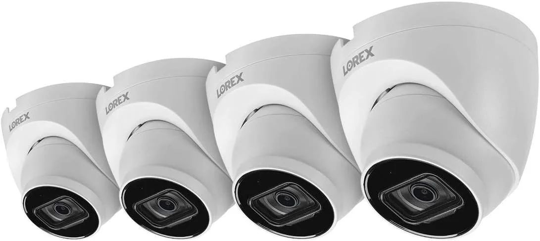 دوربین امنیتی دام 4K Ultra HD تحت شبکه داخلی/خارجی Lorex E841CD-E، لنز 2.8 میلی‌متری، دید در شب 40 متری، دید در شب رنگی، صدا، سفید (بسته 4 عددی)