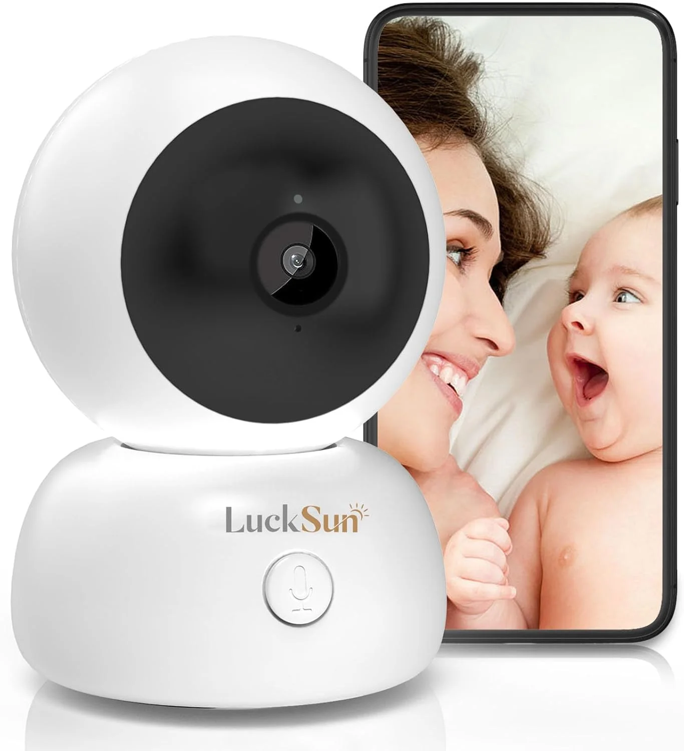 دوربین امنیتی وای فای داخلی LuckSun 2K 1296P، دارای قابلیت مکالمه دو طرفه با یک دکمه، ردیابی هوشمند PTZ، مناسب برای حیوانات خانگی و نوزاد، دید 360 درجه با تشخیص انسان و صدا، دید در شب و درگاه کارت SD.