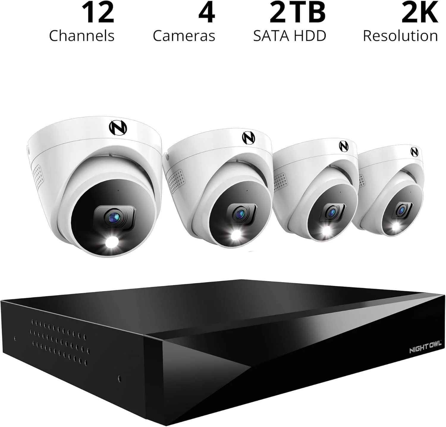 سیستم دوربین مداربسته خانگی 12 کاناله DVR با صدای دو طرفه Night Owl با (4) دوربین گنبدی بازدارنده سیمی 2K HD داخلی/خارجی و هارد دیسک 2 ترابایتی (قابلیت افزودن تا 4 دوربین Wi-Fi) (4 دوربین)
