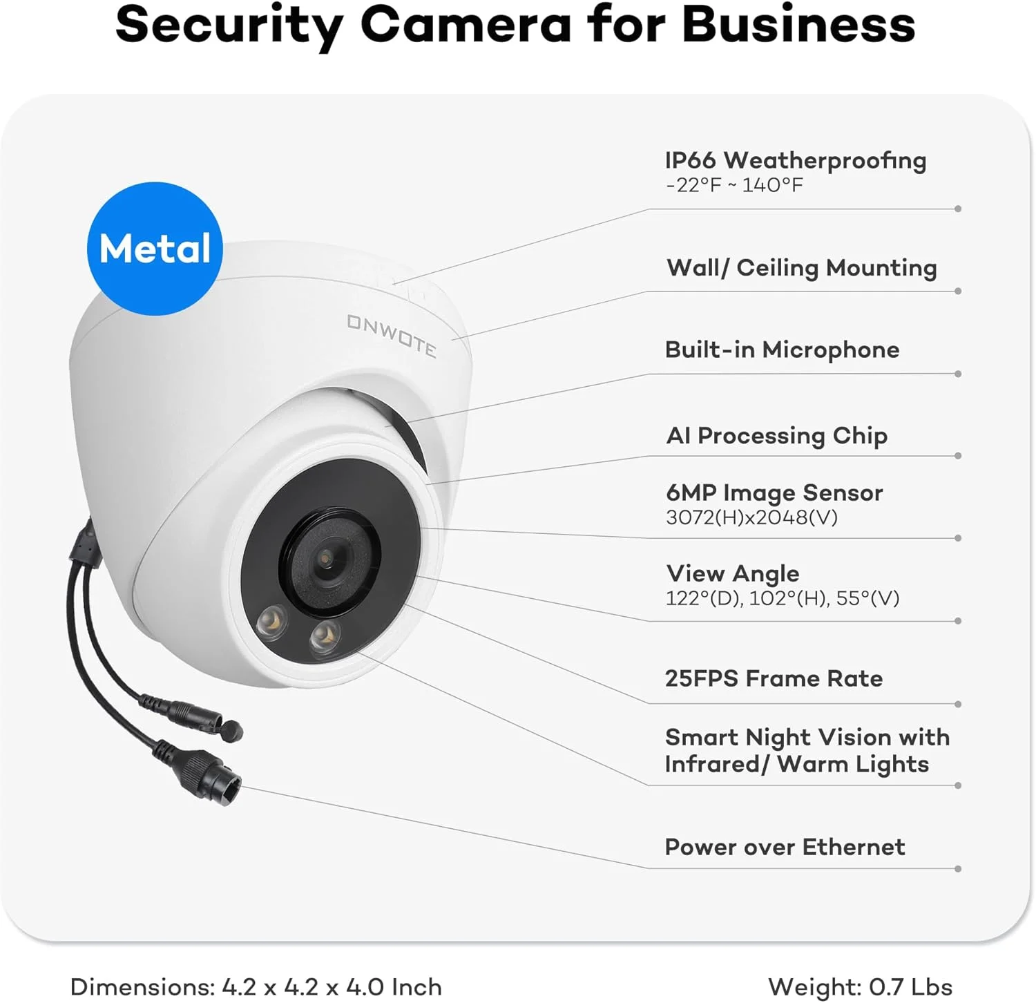 دوربین تحت شبکه 6 مگاپیکسلی PoE اونوت، تشخیص هوشمند انسان و وسیله نقلیه با نورافکن های روشن، زاویه دید گسترده 122 درجه، مناسب فضای داخلی/خارجی، دید در شب 30 متری، دوربین اضافی