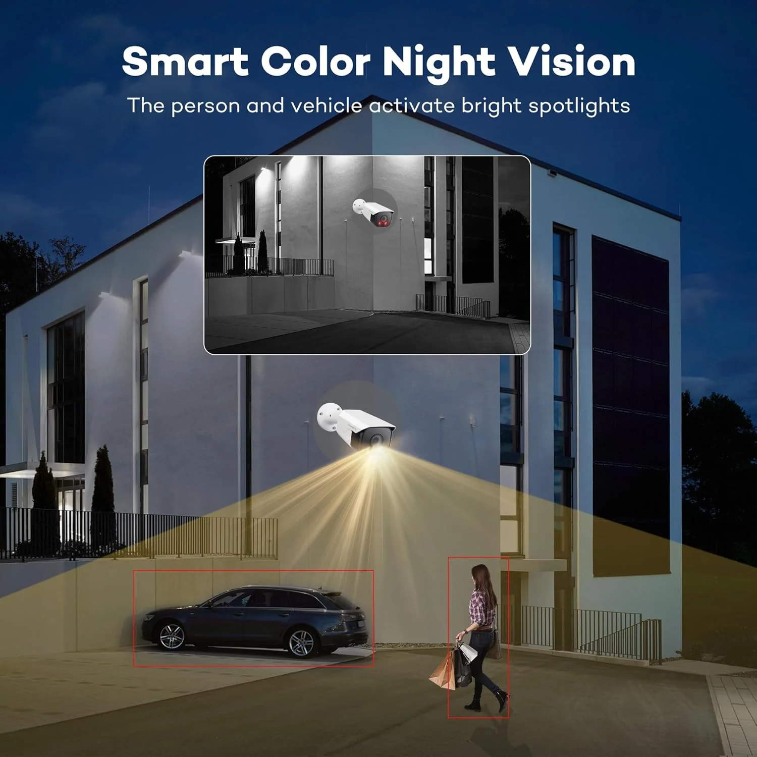 دوربین امنیتی تحت شبکه 6 مگاپیکسلی ONWOTE با نور دوگانه هوشمند، قابلیت تشخیص انسان و وسیله نقلیه با هوش مصنوعی، نورافکن فعال، ارائه دید در شب رنگی. ضبط صدا و تصویر، مناسب فضای داخلی/خارجی، زاویه دید 122 درجه