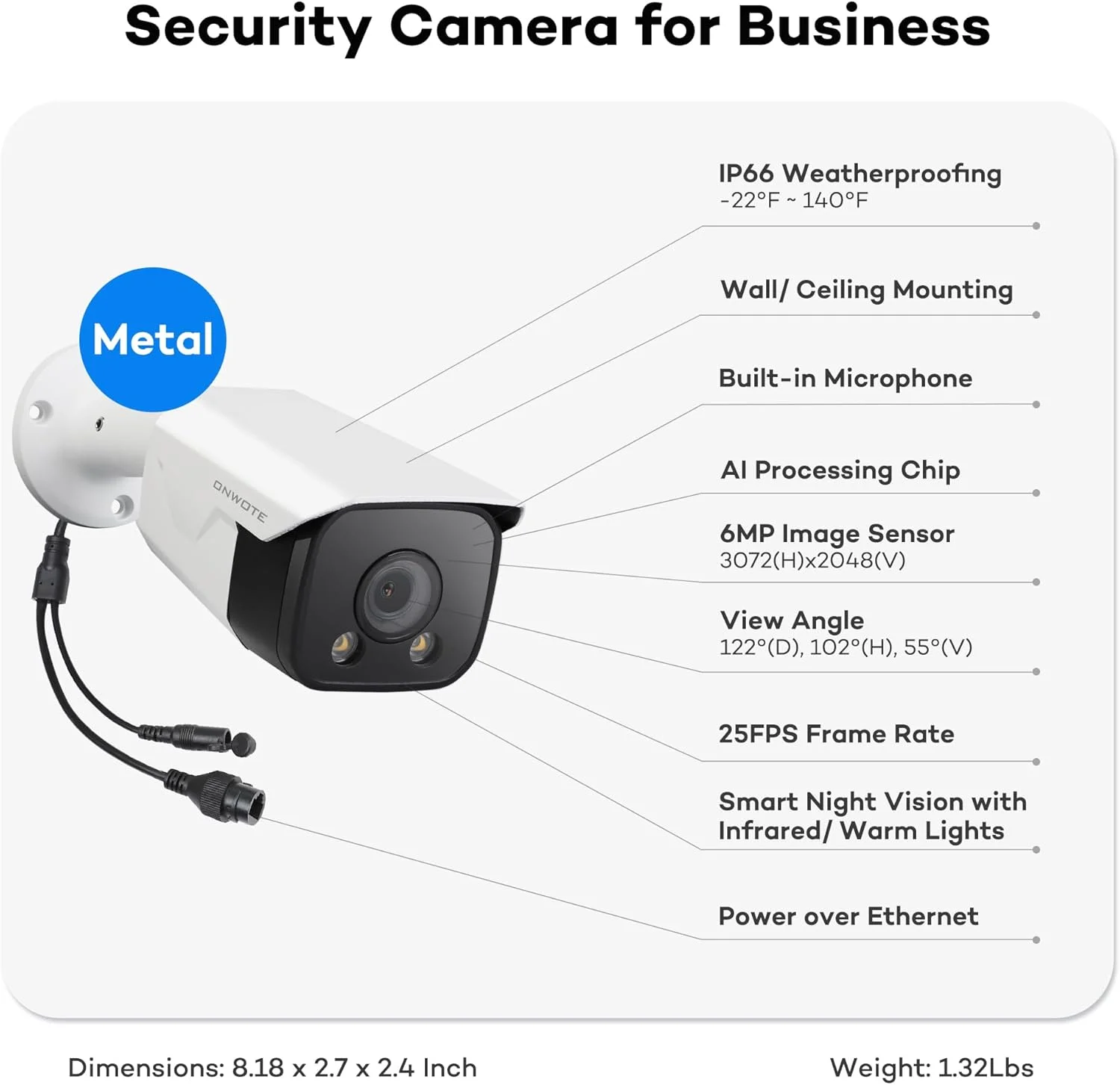 دوربین امنیتی تحت شبکه 6 مگاپیکسلی ONWOTE با نور دوگانه هوشمند، قابلیت تشخیص انسان و وسیله نقلیه با هوش مصنوعی، نورافکن فعال، ارائه دید در شب رنگی. ضبط صدا و تصویر، مناسب فضای داخلی/خارجی، زاویه دید 122 درجه