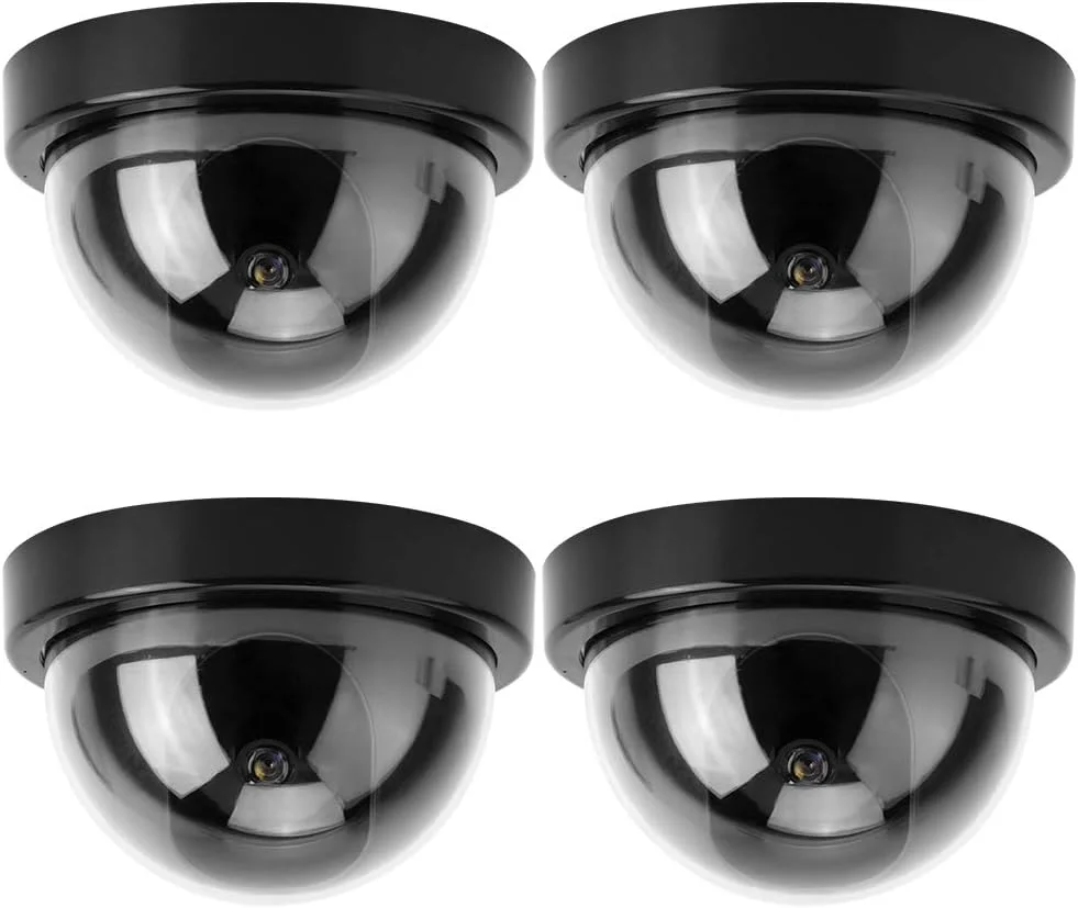 دوربین های امنیتی جعلی طرح دوربین مداربسته، 4 عدد دوربین شبیه سازی گنبدی با چراغ LED چشمک زن (سفید) (مشکی)