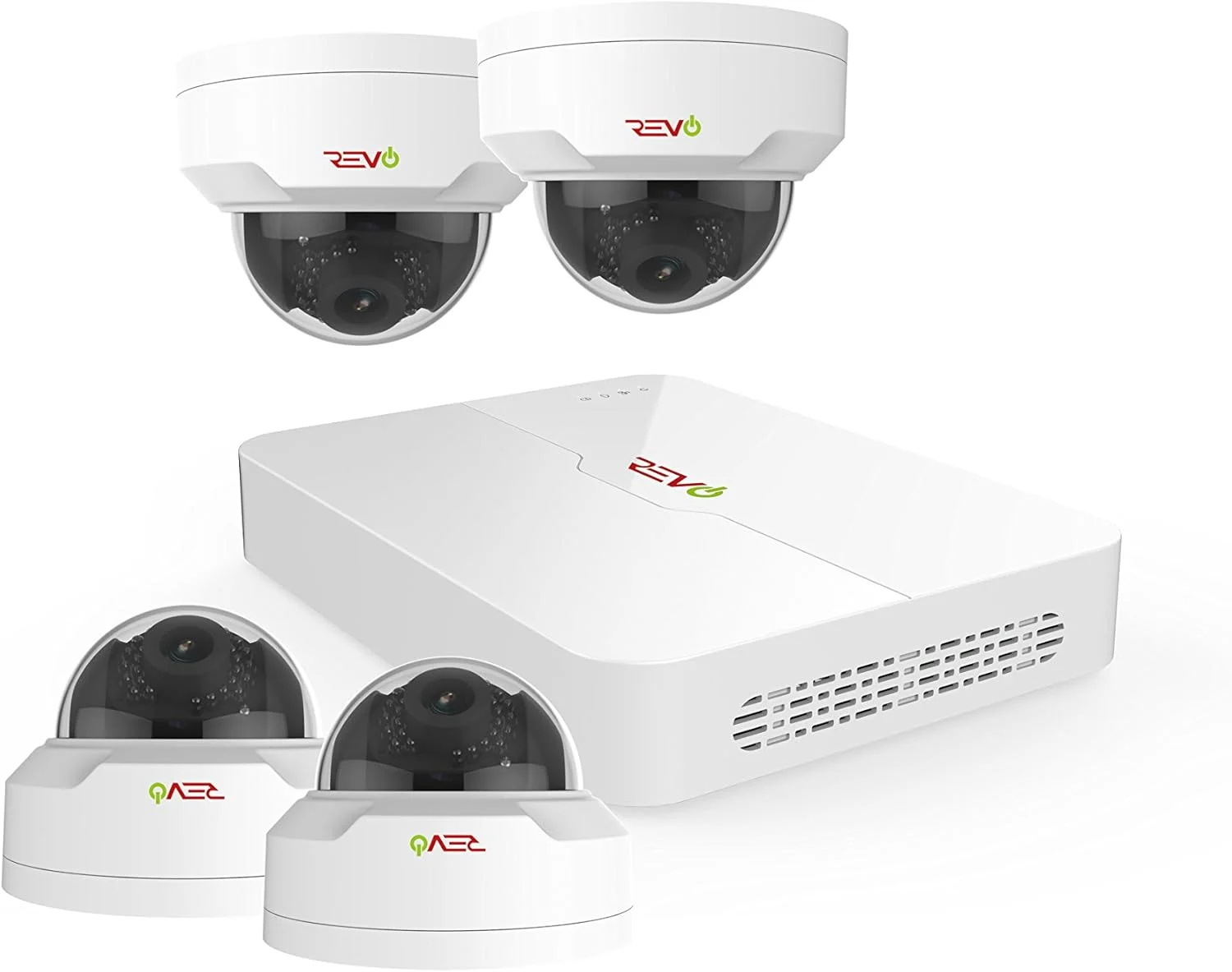 سیستم امنیتی NVR تحت شبکه 4 کاناله Ultra Revo America با هارد دیسک 1 ترابایتی و دوربین های IP 4K - دوربین های دام مینی Vadal ثابت 4 مگاپیکسلی - دسترسی از راه دور از طریق تلفن هوشمند، تبلت، کامپیوتر و مک، سفید