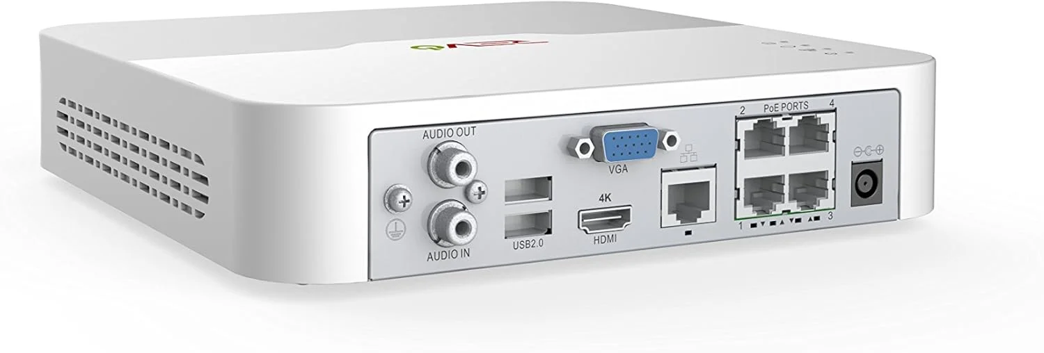 سیستم امنیتی NVR تحت شبکه 4 کاناله Ultra Revo America با هارد دیسک 1 ترابایتی و دوربین های IP 4K - دوربین های دام مینی Vadal ثابت 4 مگاپیکسلی - دسترسی از راه دور از طریق تلفن هوشمند، تبلت، کامپیوتر و مک، سفید