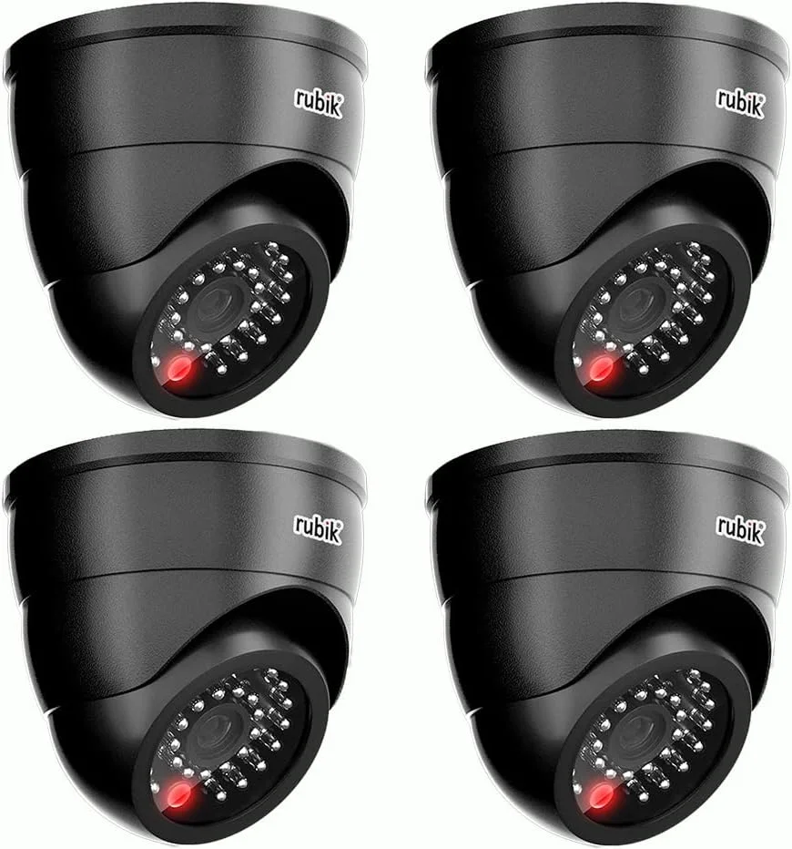 دوربین مداربسته غیر واقعی ۴ عددی روبیک با چراغ LED چشمک زن، دوربین امنیتی گنبدی قابل تنظیم با چراغ LED (مشکی)