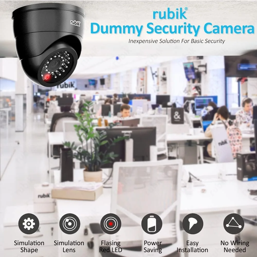 دوربین مداربسته غیر واقعی ۴ عددی روبیک با چراغ LED چشمک زن، دوربین امنیتی گنبدی قابل تنظیم با چراغ LED (مشکی)