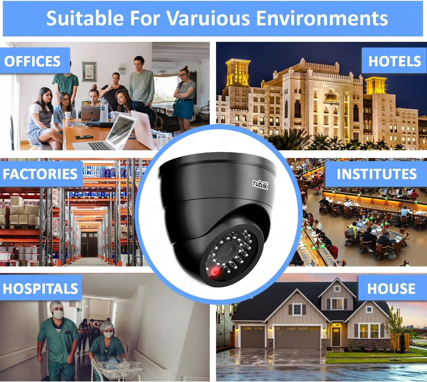 دوربین مداربسته غیر واقعی ۴ عددی روبیک با چراغ LED چشمک زن، دوربین امنیتی گنبدی قابل تنظیم با چراغ LED (مشکی)