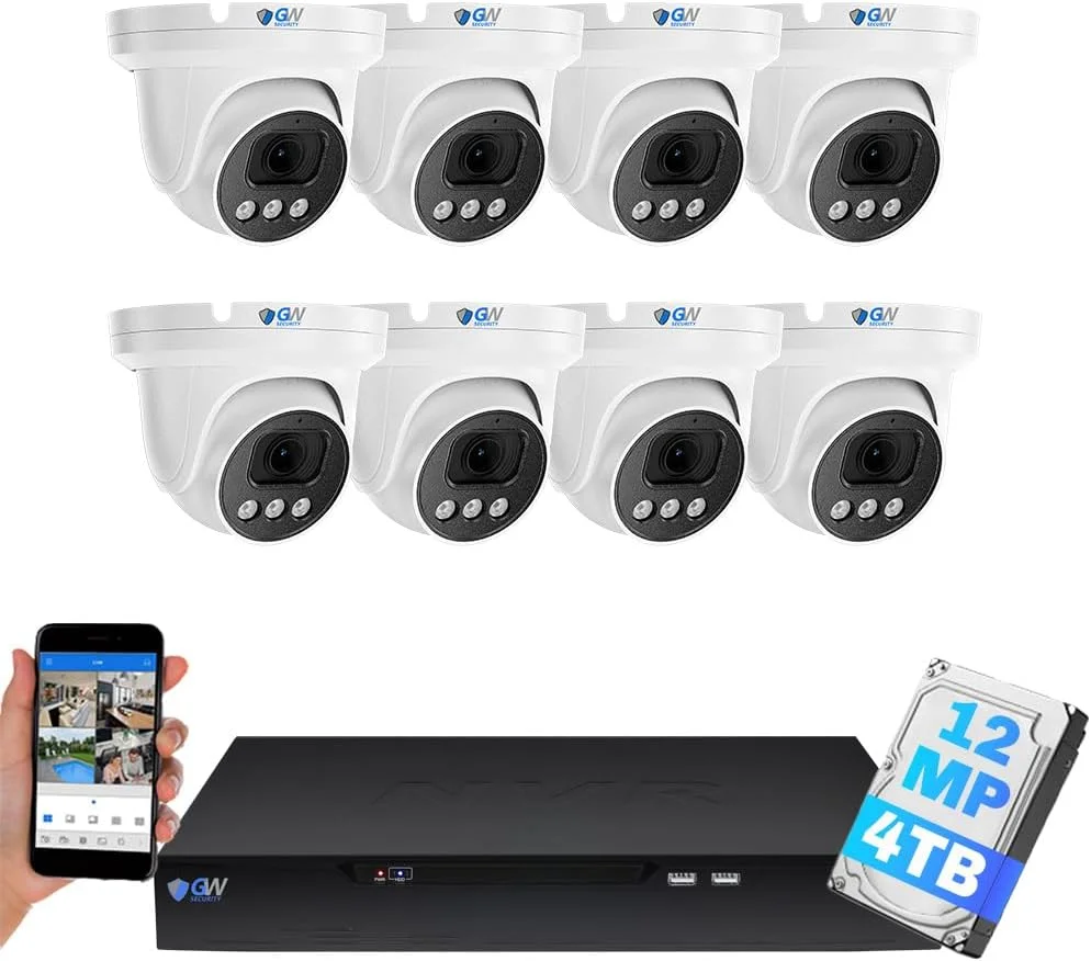 دستگاه ضبط تصاویر 16 کاناله GW Security UltraHD 12MP 6K @30FPS با قابلیت تشخیص چهره/انسان/خودرو به همراه 8 دوربین دام هوشمند AI با کیفیت 12 مگاپیکسل، صدای دو طرفه، دید در شب رنگی، مناسب فضای داخلی/خارجی