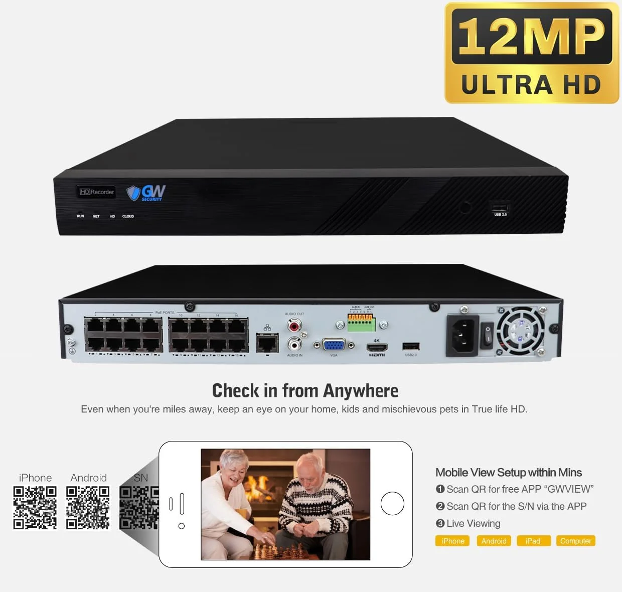 دستگاه ضبط تصویر 16 کاناله 12 مگاپیکسلی UltraHD 4K با قابلیت تشخیص چهره/انسان/خودرو به همراه 12 دوربین دام 8 مگاپیکسلی IP با میکروفون هوش مصنوعی، دید در شب 30 متری، دوربین مداربسته ضد آب