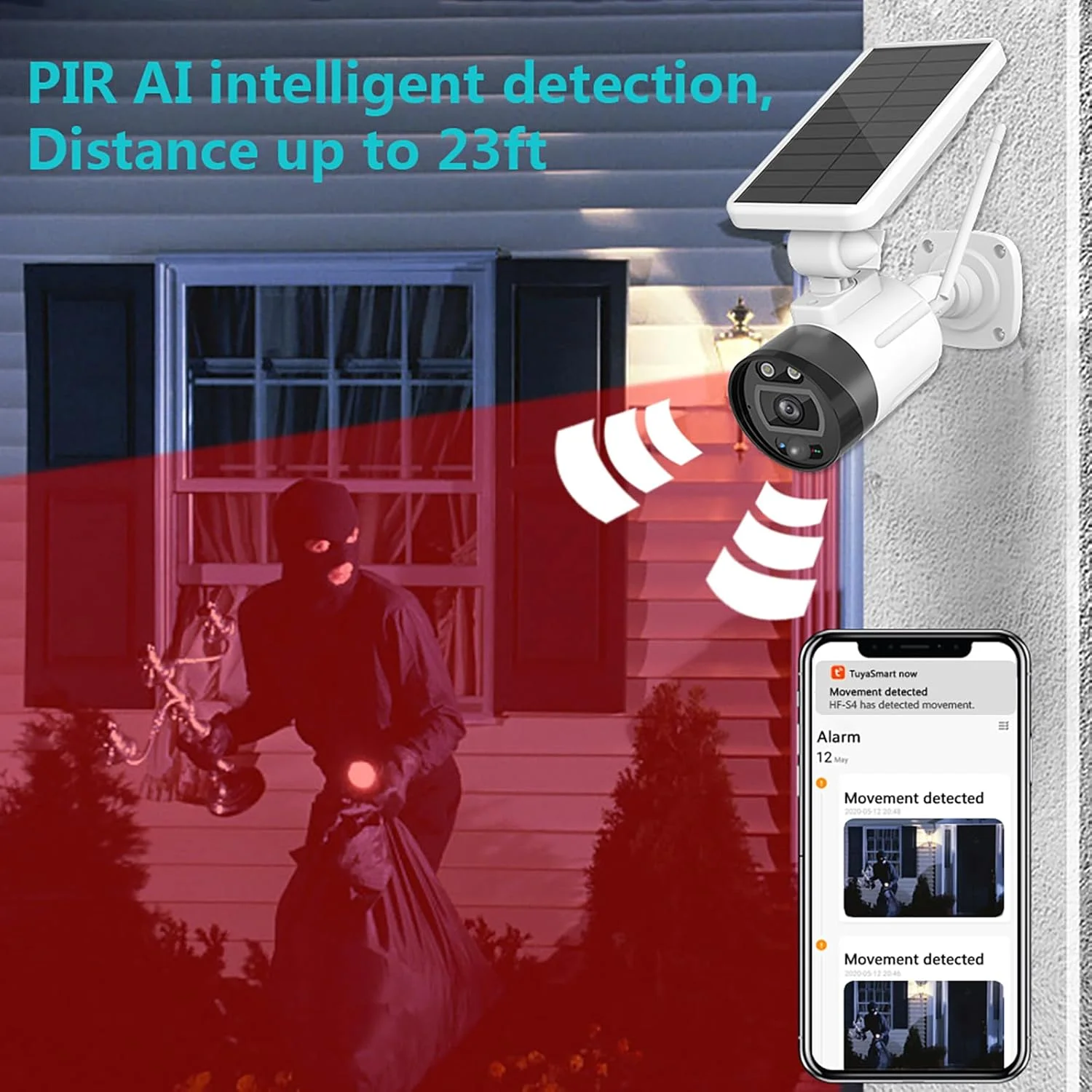 دوربین های امنیتی خورشیدی بی سیم برای فضای باز، ضد آب IP66، آلارم آژیر مشکی