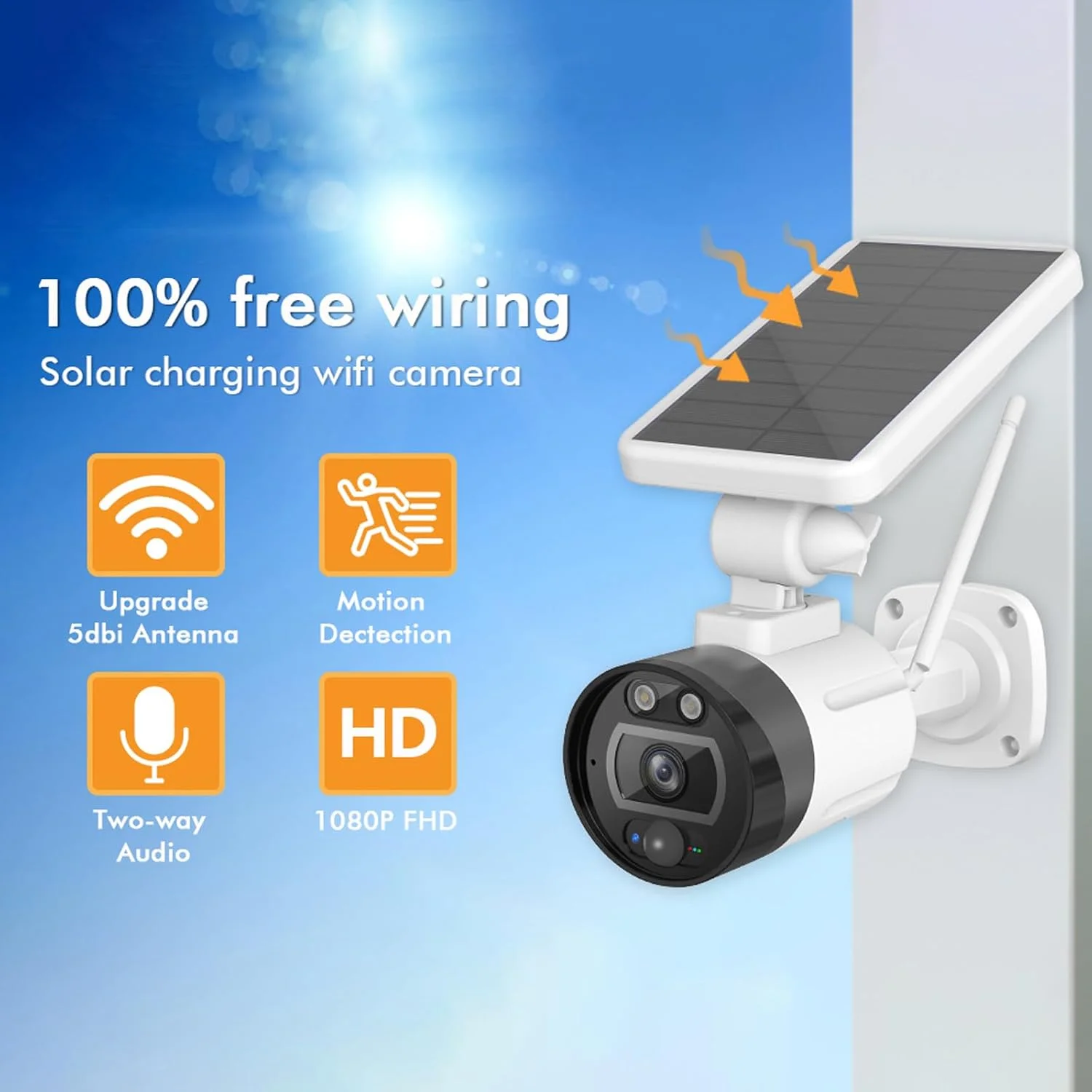 دوربین های امنیتی خورشیدی بی سیم برای فضای باز، ضد آب IP66، آلارم آژیر مشکی