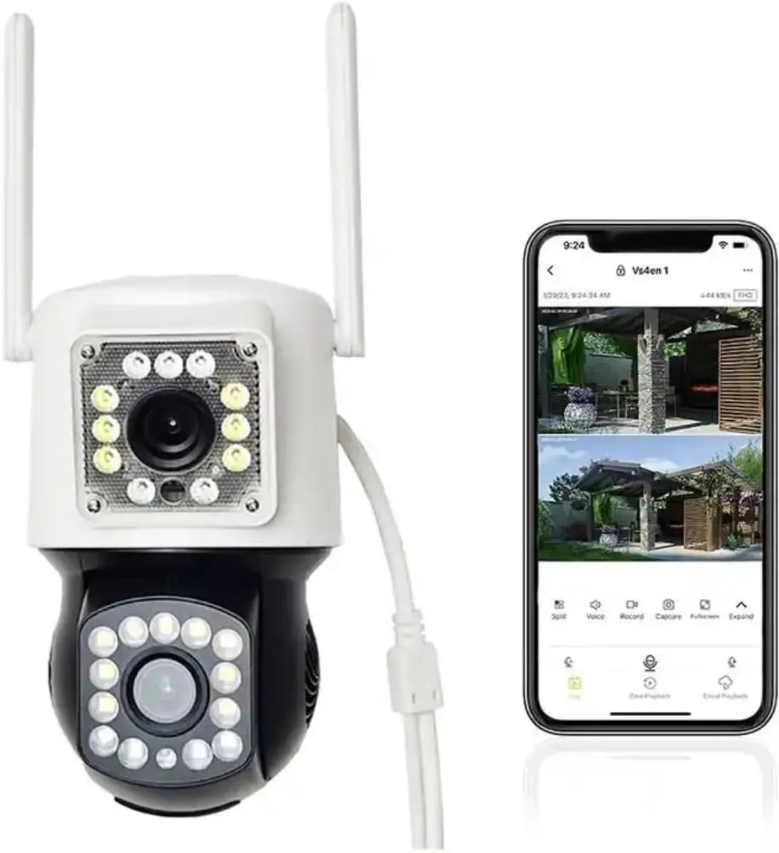 دوربین مداربسته وای فای دو لنز HD با ردیابی خودکار، دید در شب رنگی، تشخیص حرکت، صدای دو طرفه، ضد آب و هوا برای نظارت بر منزل