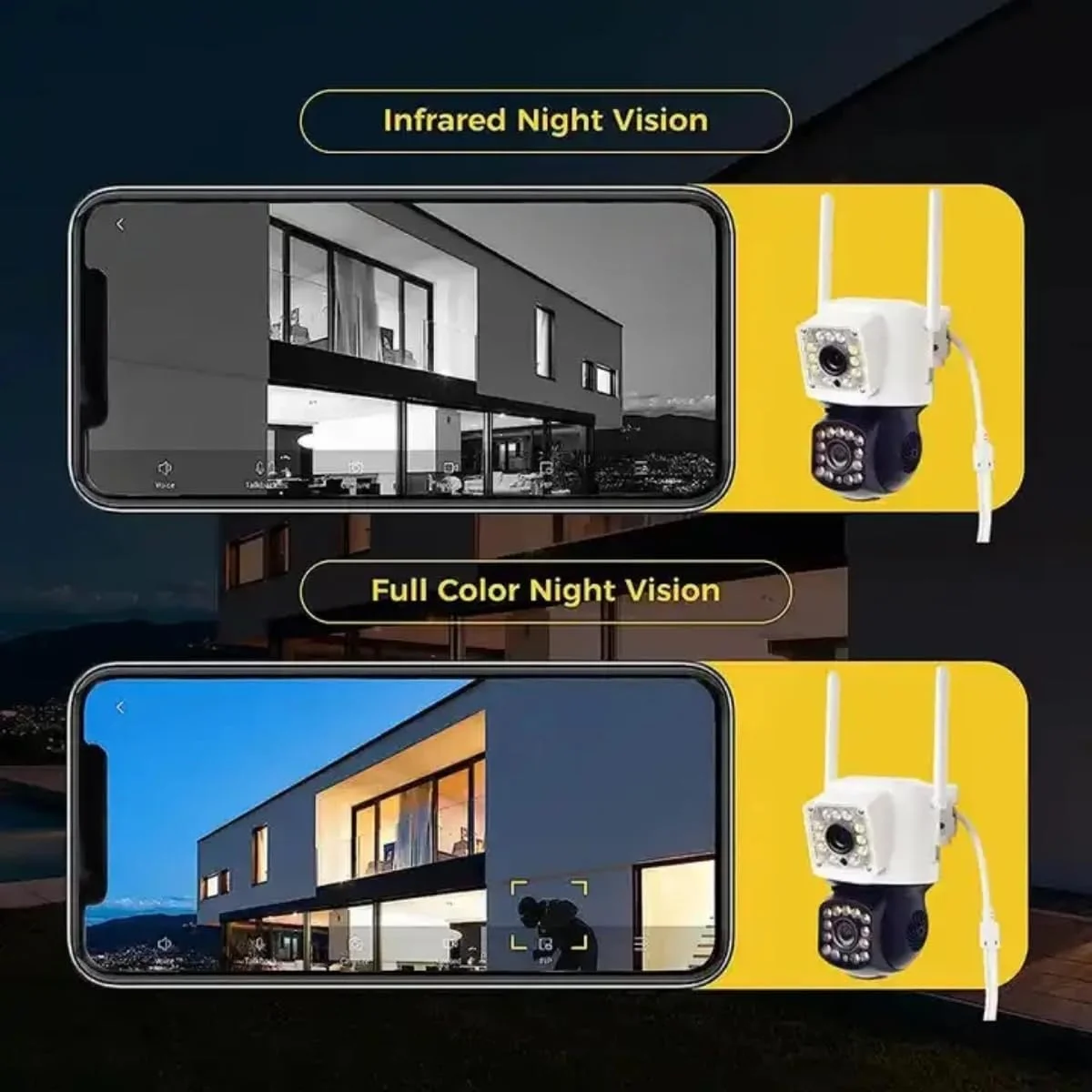 دوربین مداربسته وای فای دو لنز HD با ردیابی خودکار، دید در شب رنگی، تشخیص حرکت، صدای دو طرفه، ضد آب و هوا برای نظارت بر منزل