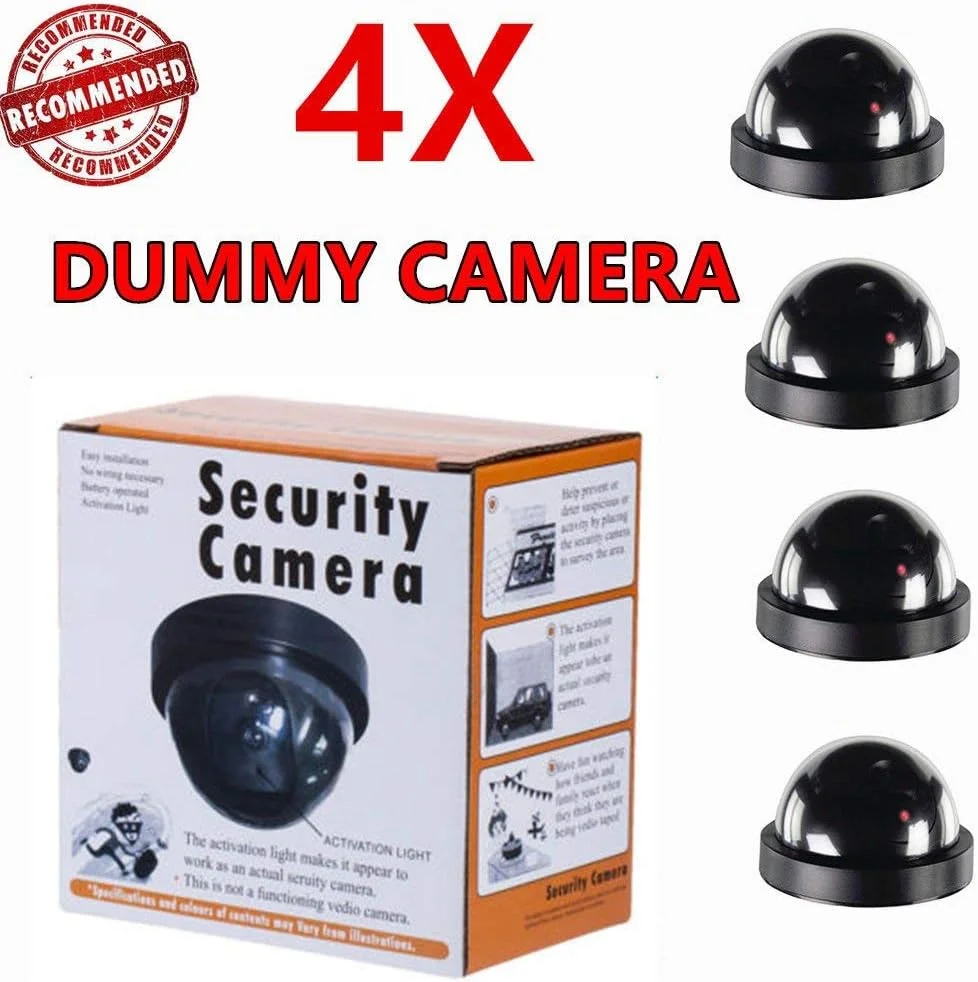 دوربین های امنیتی جعلی XBW (بسته 4 عددی مشکی) دوربین مداربسته دام با ظاهر واقعی، چراغ LED قرمز چشمک زن ضبط، مناسب برای استفاده در داخل و خارج از منزل، برای خانه ها و مشاغل