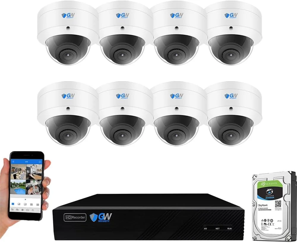 سیستم دوربین مداربسته 8 کاناله PoE با NVR UltraHD 4K تشخیص چهره/انسان/خودرو به همراه 8 دوربین دام هوشمند AI با میکروفون IP 8 مگاپیکسلی 4K، دید در شب 30 متری، دوربین نظارتی داخلی/خارجی