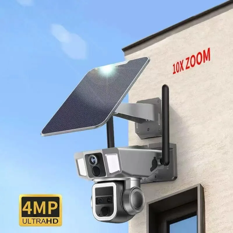 دوربین امنیتی 4K 4G LTE با زوم 10 برابر، دوربین مداربسته خورشیدی بی سیم فضای باز، حالت دوگانه سلولی 4G یا Wi-Fi، ردیابی هوش مصنوعی، چرخش و شیب، صدای دو طرفه، برای خانه، کودک، مزرعه، پارکینگ، فضای باز