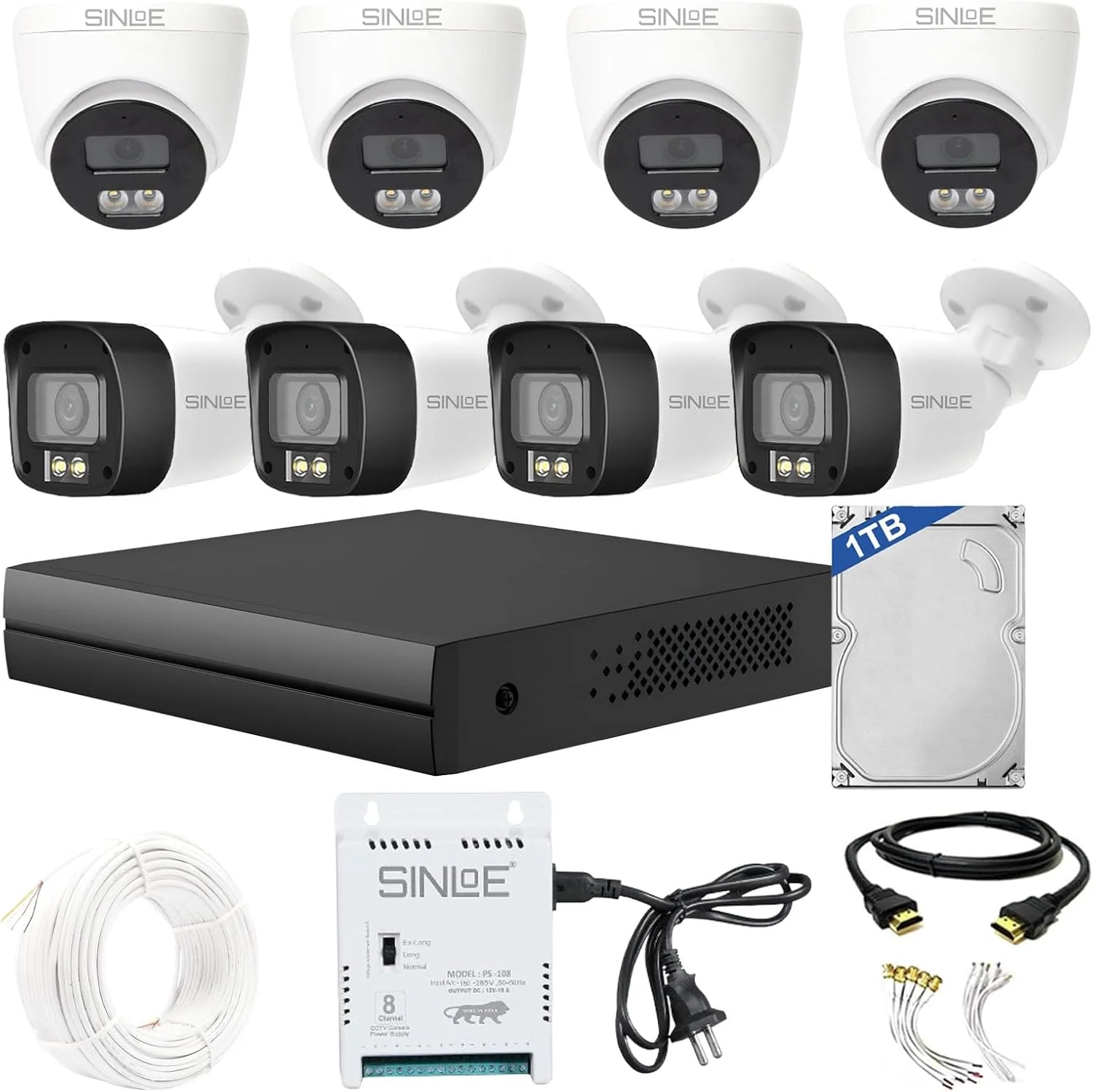 دستگاه ضبط تصاویر 8 کانال فول اچ دی 1080P به همراه 4 دوربین دام و 4 دوربین بولت دید در شب رنگی 2 مگاپیکسل و هارد دیسک 1 ترابایت