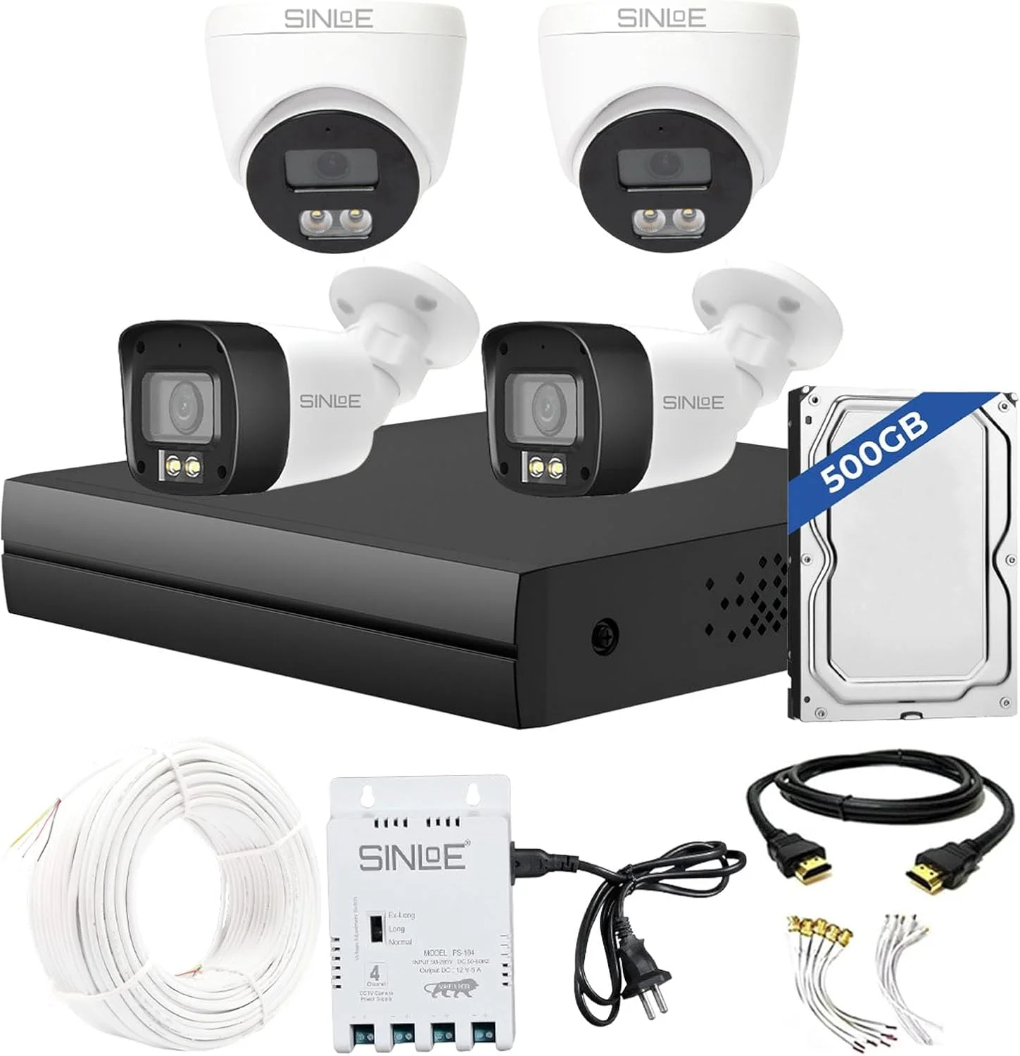 سیستم دوربین مداربسته امنیتی منزل 4 کانال 1080P Full HD DVR، 2 دوربین دام و 2 دوربین بولت 2 مگاپیکسلی دید در شب رنگی، هارد دیسک 500 گیگابایتی مجموعه کامل