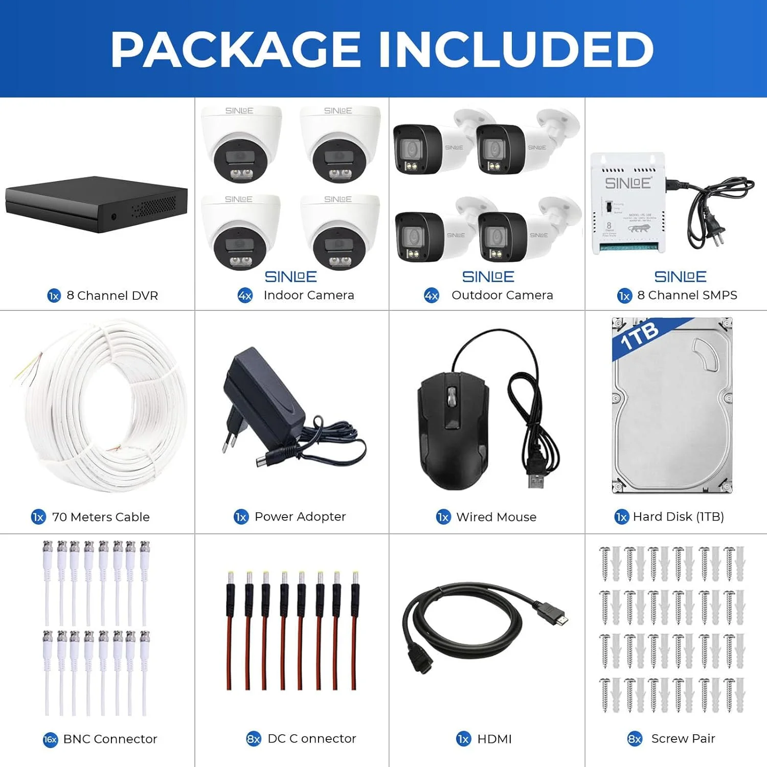 دستگاه ضبط تصاویر 8 کانال فول اچ دی 1080P به همراه 4 دوربین دام و 4 دوربین بولت دید در شب رنگی 2 مگاپیکسل و هارد دیسک 1 ترابایت