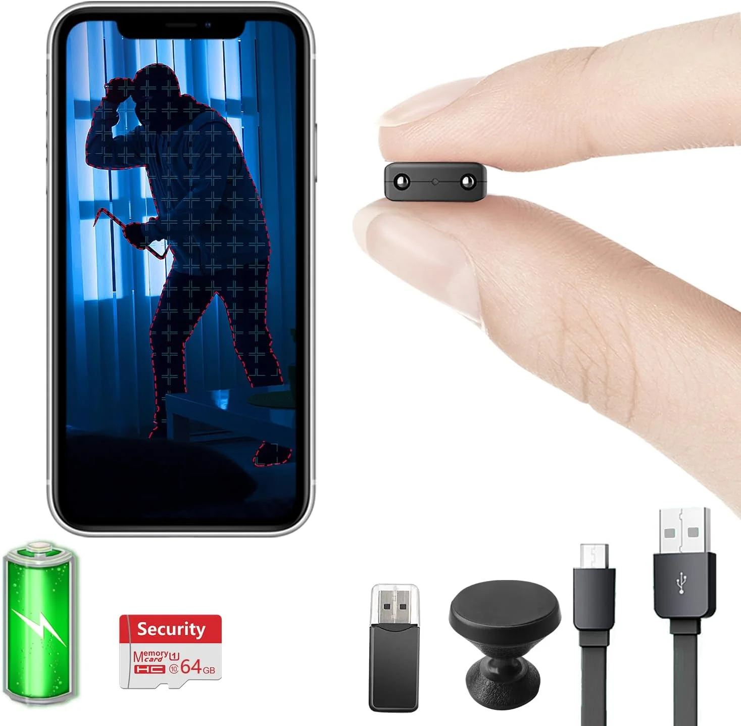 دوربین کوچک بی‌سیم وای‌فای با باتری داخلی، دوربین مداربسته گنبدی قابل حمل HD1080P با ضبط ویدیو و پخش زنده، دید در شب، تشخیص حرکت، مشاهده از راه دور برای امنیت با iOS و Android