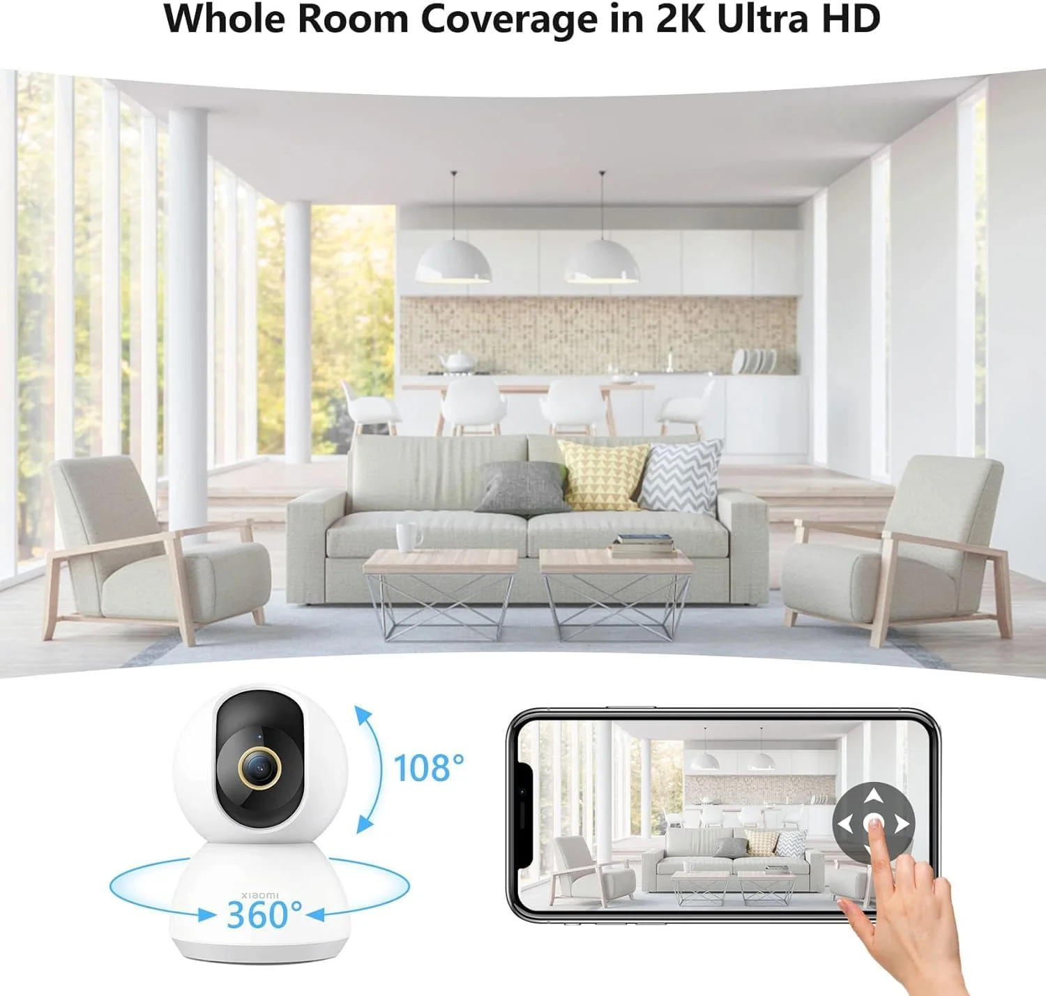 دوربین هوشمند شیائومی C300 | دوربین نظارتی داخلی با وای فای 360 درجه | دوربین امنیتی بی سیم با وضوح 2K | دوربین داخلی با تشخیص حرکت و دید در شب