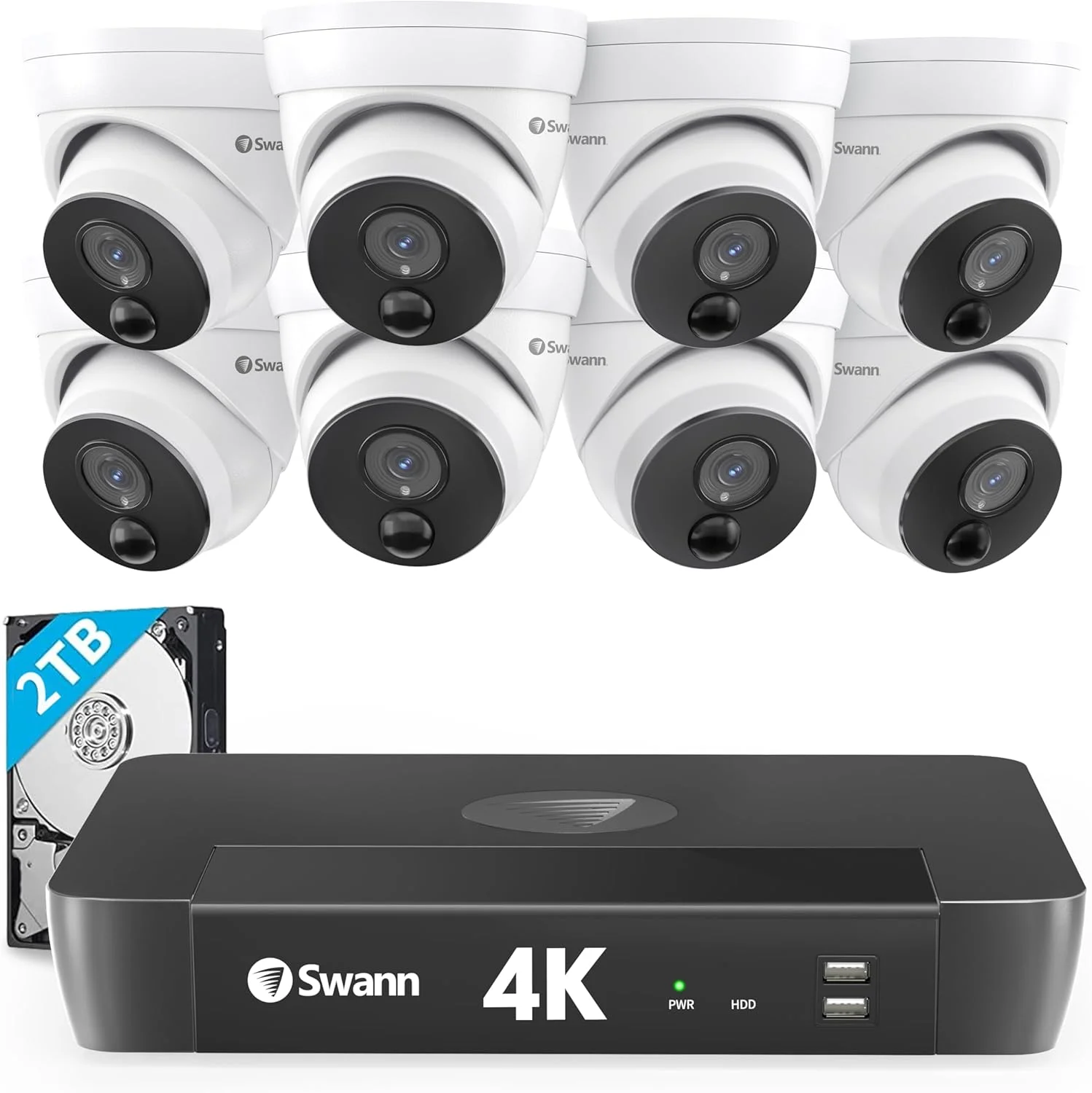 سیستم دوربین مداربسته دام 4K NVR سوان با هارد دیسک 2 ترابایتی، 8 کانال 8 دوربین، PoE Cat5e، دوربین های امنیتی نظارتی خانگی سیمی داخلی و خارجی، دید در شب، تشخیص حرکت حرارتی