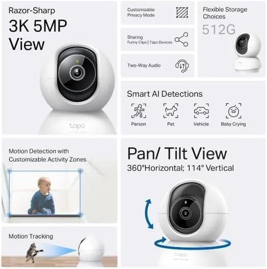 دوربین داخلی 3K 5MP Tapo C230 با قابلیت تشخیص هوشمند - تشخیص انسان، حیوان خانگی، گریه کودک، چرخش 360 درجه، دید در شب پیشرفته، صدای دو طرفه، سازگار با الکسا و گوگل دوربین داخلی 3K 5MP Tapo C230 با قابلیت تشخیص هوشمند - تشخیص انسان، حیوان خانگی، گریه کودک، چرخش 360 درجه، دید در شب پیشرفته، صدای دو طرفه، سازگار با الکسا و گوگل