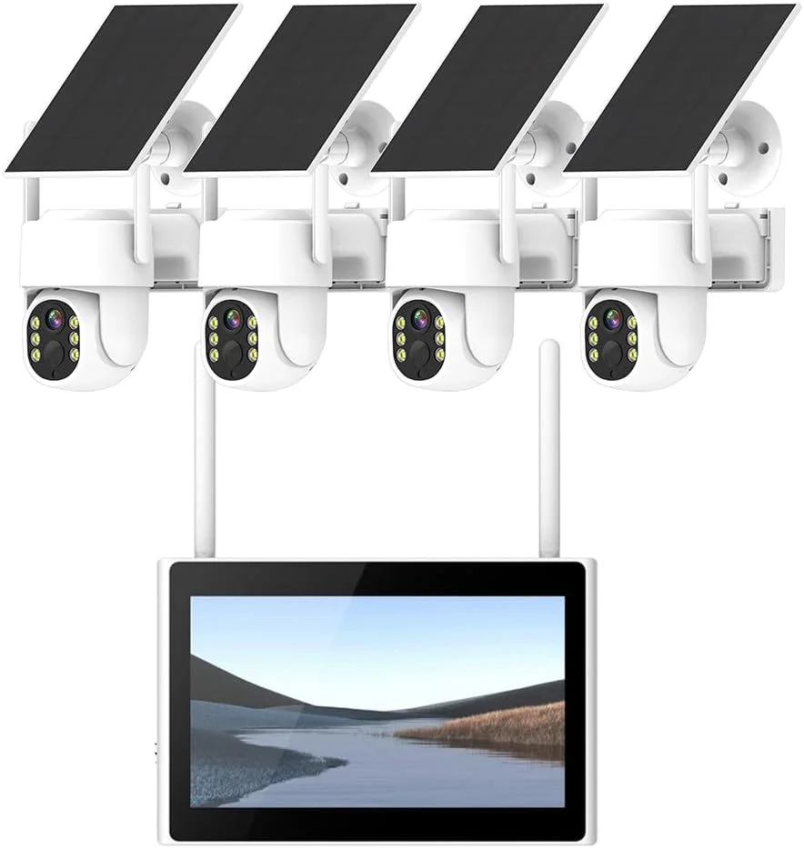 سیستم دوربین مداربسته خورشیدی بی‌سیم، دوربین‌های امنیتی خورشیدی 4 مگاپیکسلی PTZ Dome برای فضای داخلی و خارجی، مانیتور 10 اینچی، صدای دو طرفه، ضبط حرکتی، سیستم نظارت مداربسته (هارد دیسک 2 ترابایتی)