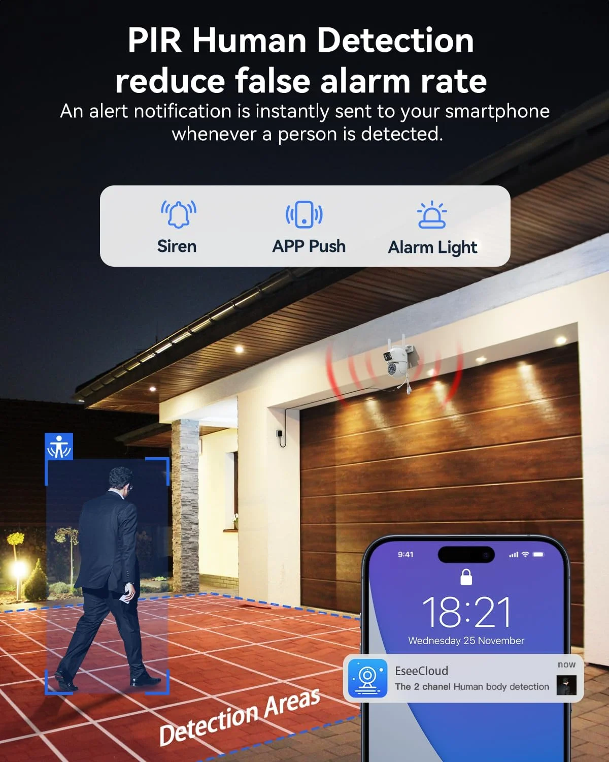 دوربین امنیتی بی سیم فضای باز، دوربین دو لنز 2K (3MP+3MP) با قابلیت چرخش 355 درجه PTZ، دوربین وای فای امنیتی خانگی برای نظارت در فضای باز و داخل خانه، وای فای 2.4G، تشخیص انسان PIR، ردیابی خودکار، دید در شب رنگی، سفید