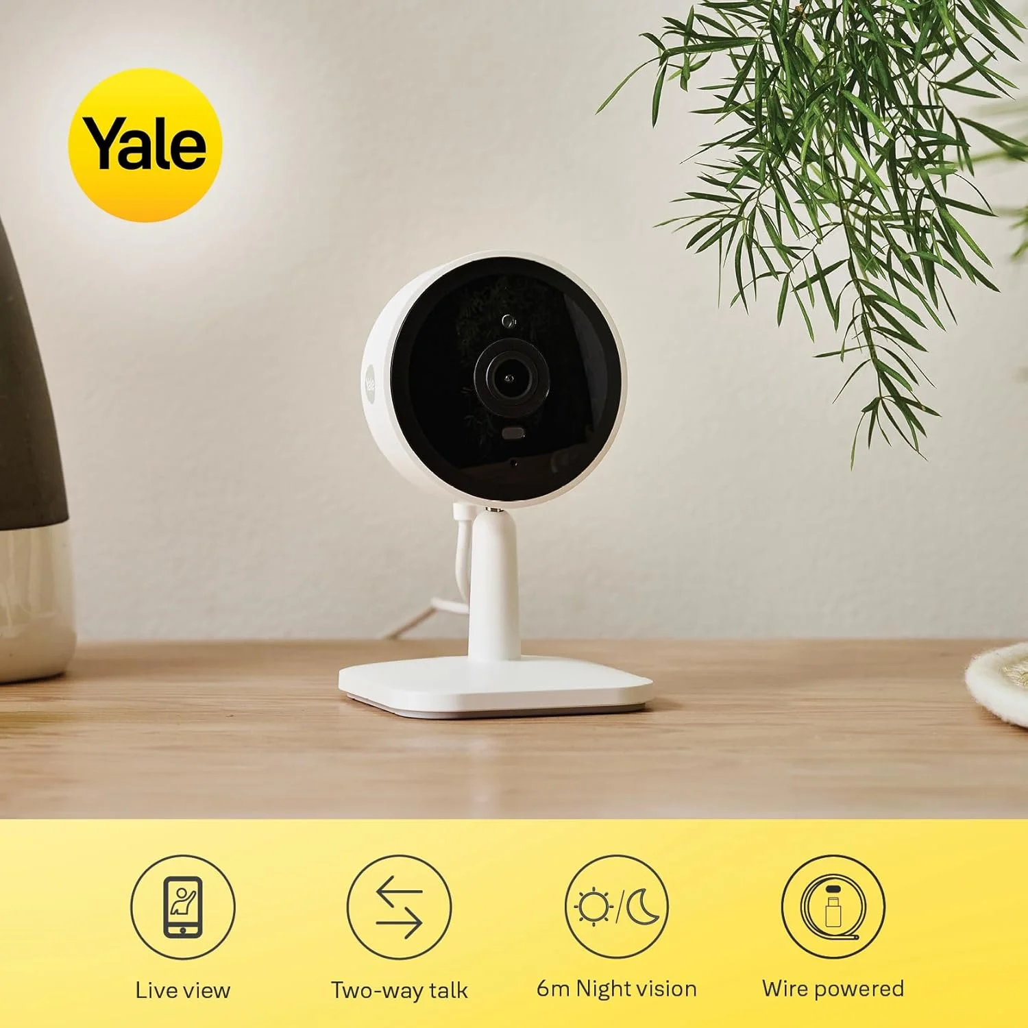 دوربین هوشمند داخلی Yale، کیفیت 1080p FHD، باتری، نورافکن، دید در شب، منطقه تشخیص قابل تنظیم، قابلیت مکالمه دو طرفه، سازگار با قفل های هوشمند Yale، اشتراک 5 ساله رایگان هوش مصنوعی و فضای ذخیره سازی ابری، SV-IC-1A-V1