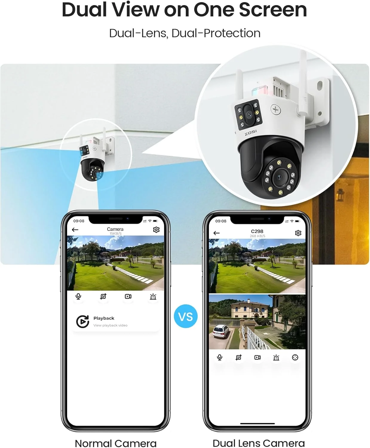 دوربین دوگانه وای فای 4MP+4MP زوسی برای فضای باز، دوربین مداربسته بی سیم با دید دوگانه برای امنیت خانه و داخل با دید در شب رنگی، تشخیص شخص/وسیله نقلیه، ردیابی خودکار، C298 Pro