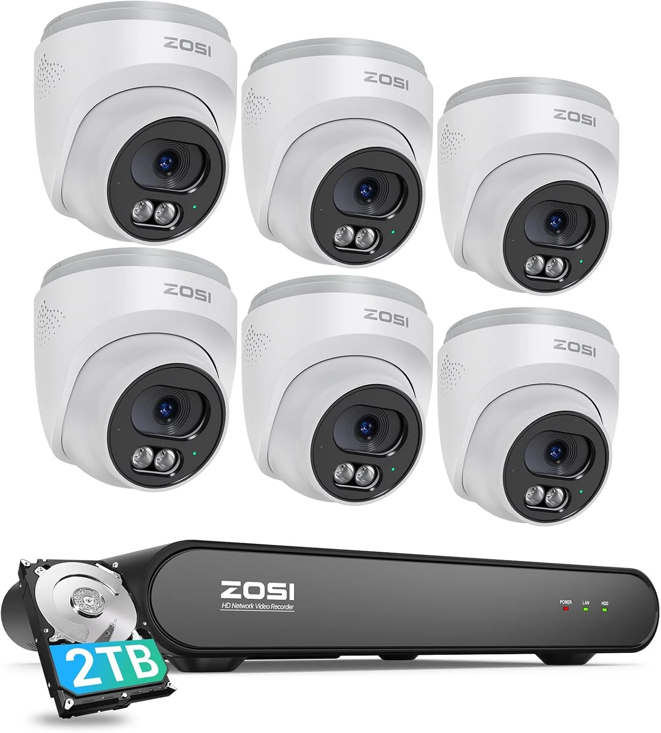 سیستم دوربین مداربسته تحت شبکه خانگی ZOSI C220 8 کانال 4 مگاپیکسل QHD 2.5K PoE، دستگاه ضبط NVR هشت کاناله 5 مگاپیکسل 3K با هارد دیسک 2 ترابایتی برای ضبط 24 ساعته، 6 عدد دوربین IP دام 4 مگاپیکسلی (1440p) مناسب فضای داخلی و خارجی، تشخیص هوشمند انسان، صدای یک طرفه