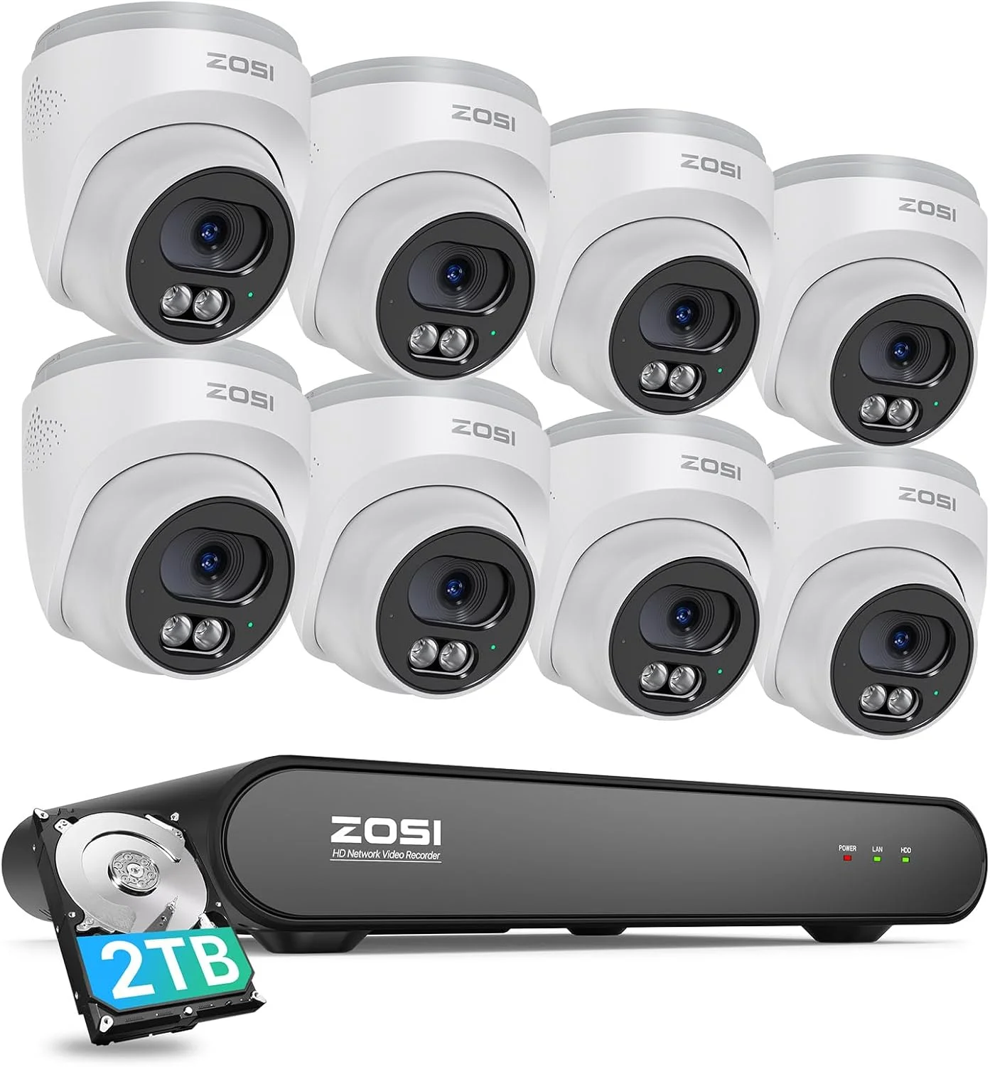 سیستم دوربین مداربسته تحت شبکه خانگی ZOSI C220 8CH 4MP QHD 2.5K PoE، دستگاه ضبط NVR هشت کاناله 5MP 3K با هارد دیسک 2 ترابایتی برای ضبط 24 ساعته، 8 عدد دوربین IP دام 4 مگاپیکسلی (1440p) مناسب فضای داخلی و خارجی، تشخیص هوشمند انسان با هوش مصنوعی، صدای دو طرفه