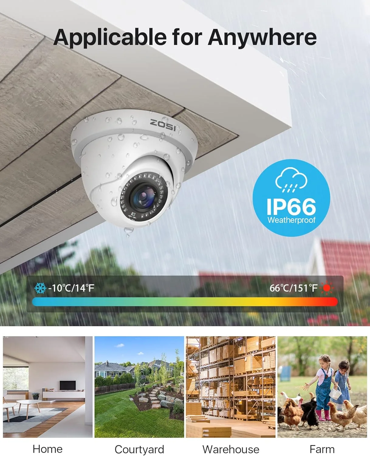 دوربین های امنیتی دام ZOSI 1080p (هیبریدی 4 در 1 HD-CVI/TVI/AHD/960H آنالوگ CVBS)، دوربین مداربسته 2 مگاپیکسلی ضد آب برای روز و شب، مناسب فضای داخلی/خارجی، دید در شب تا 24 متر